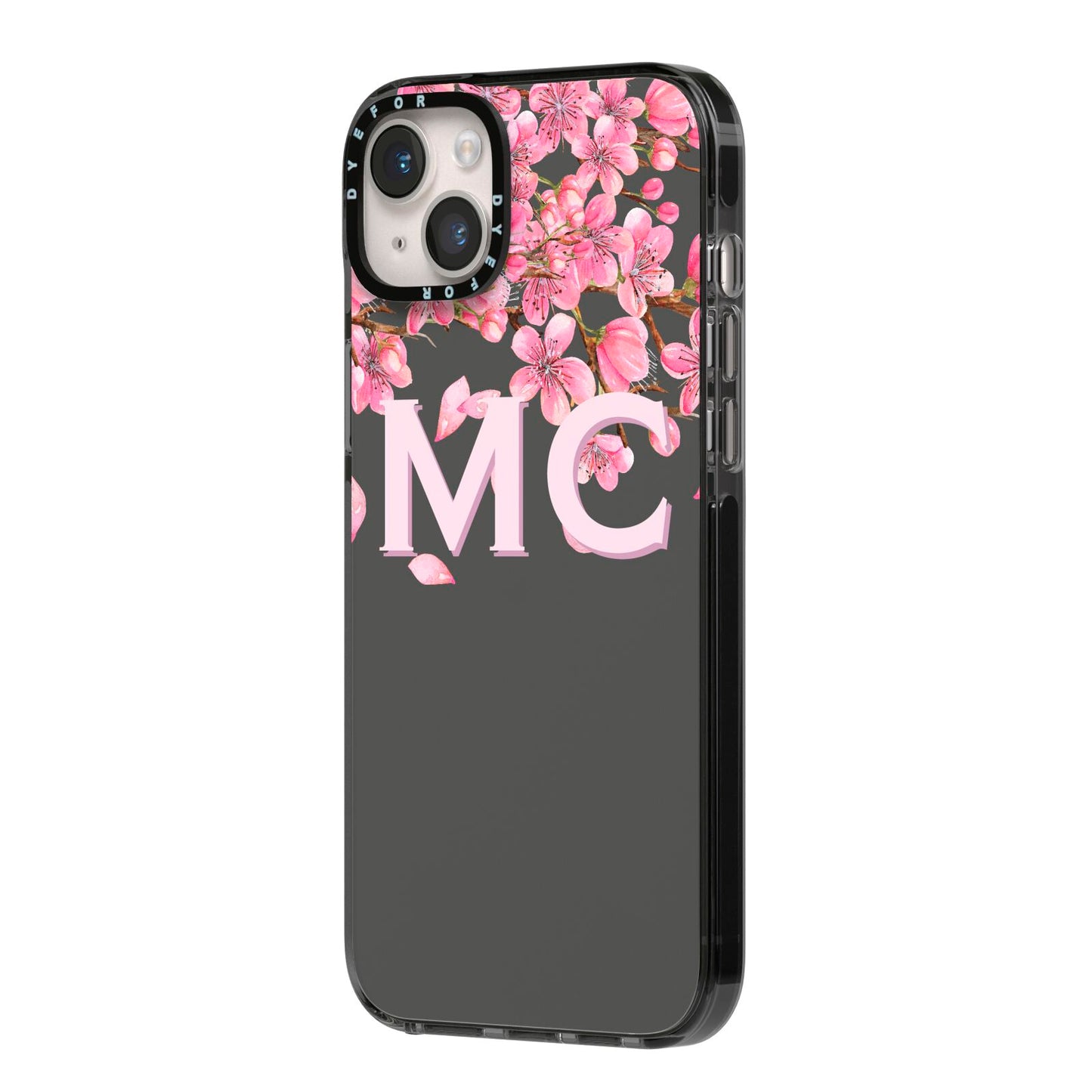 Personalised Floral Blossom Black Pink iPhone 14 Plus Black Impact Case Side Angle on Silver phone