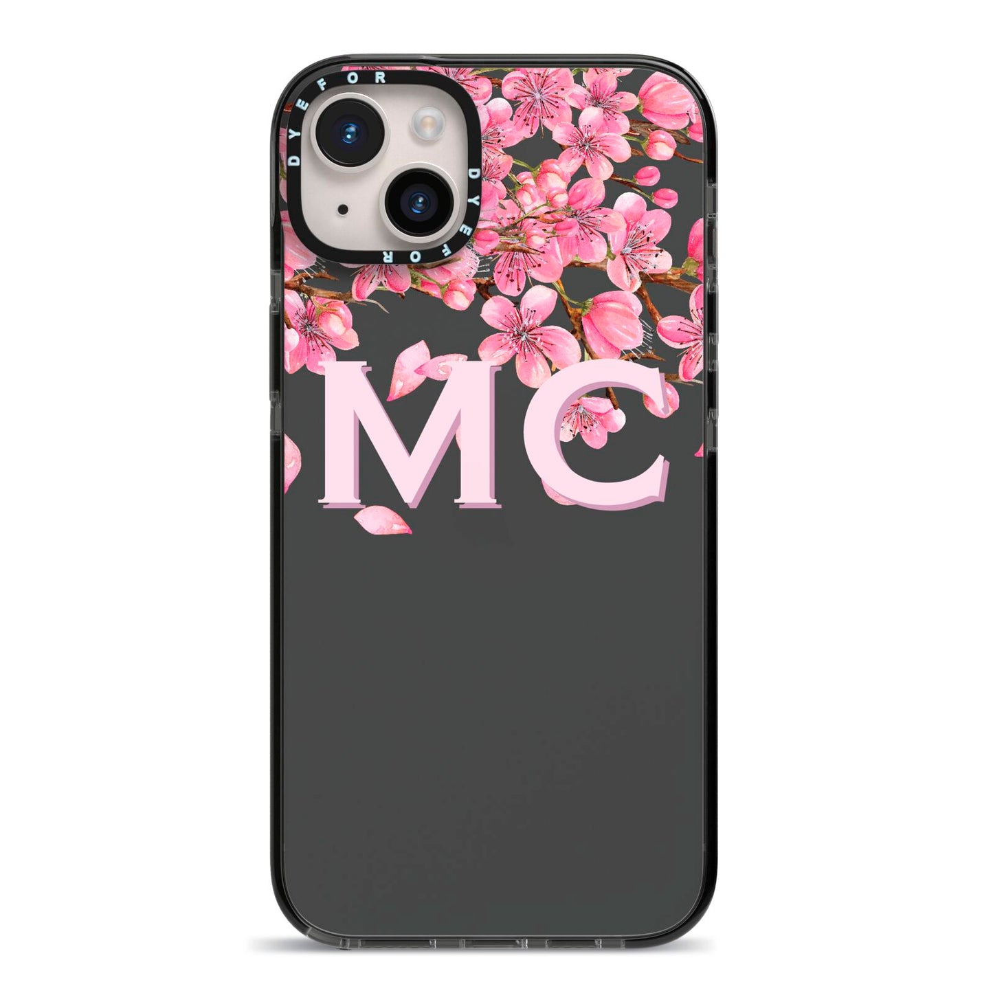 Personalised Floral Blossom Black Pink iPhone 14 Plus Black Impact Case on Silver phone