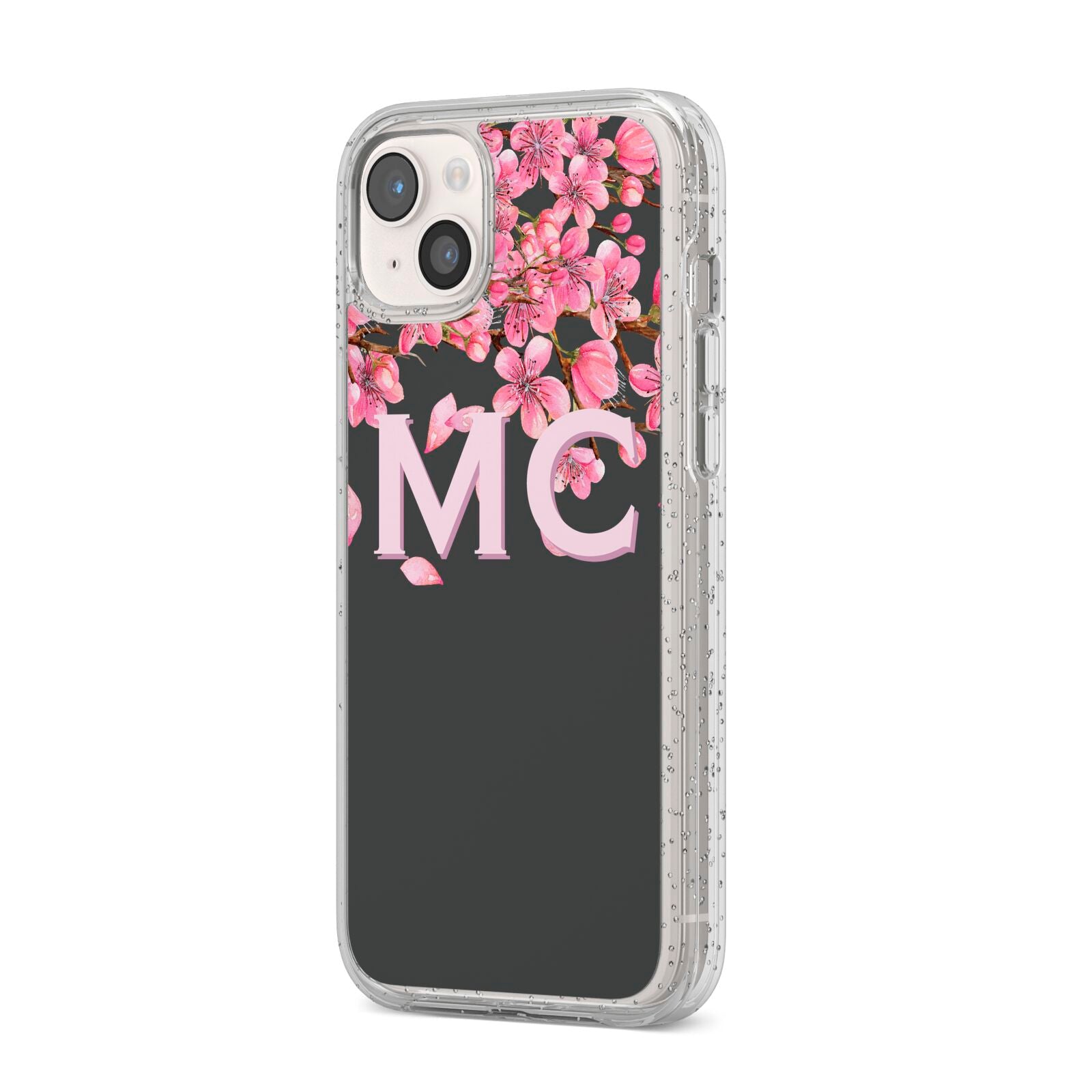 Personalised Floral Blossom Black Pink iPhone 14 Plus Glitter Tough Case Starlight Angled Image