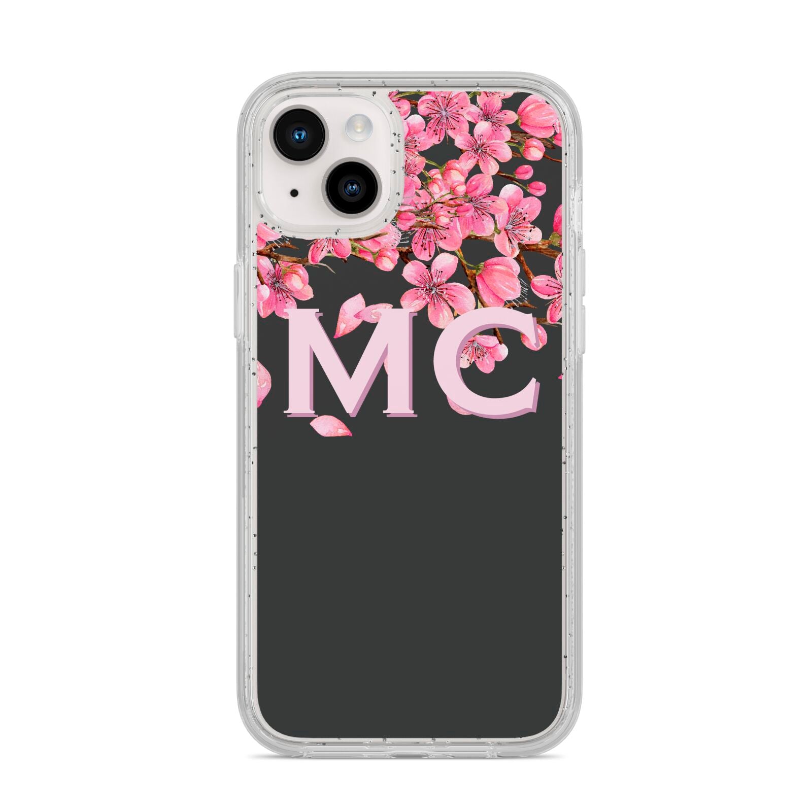 Personalised Floral Blossom Black Pink iPhone 14 Plus Glitter Tough Case Starlight