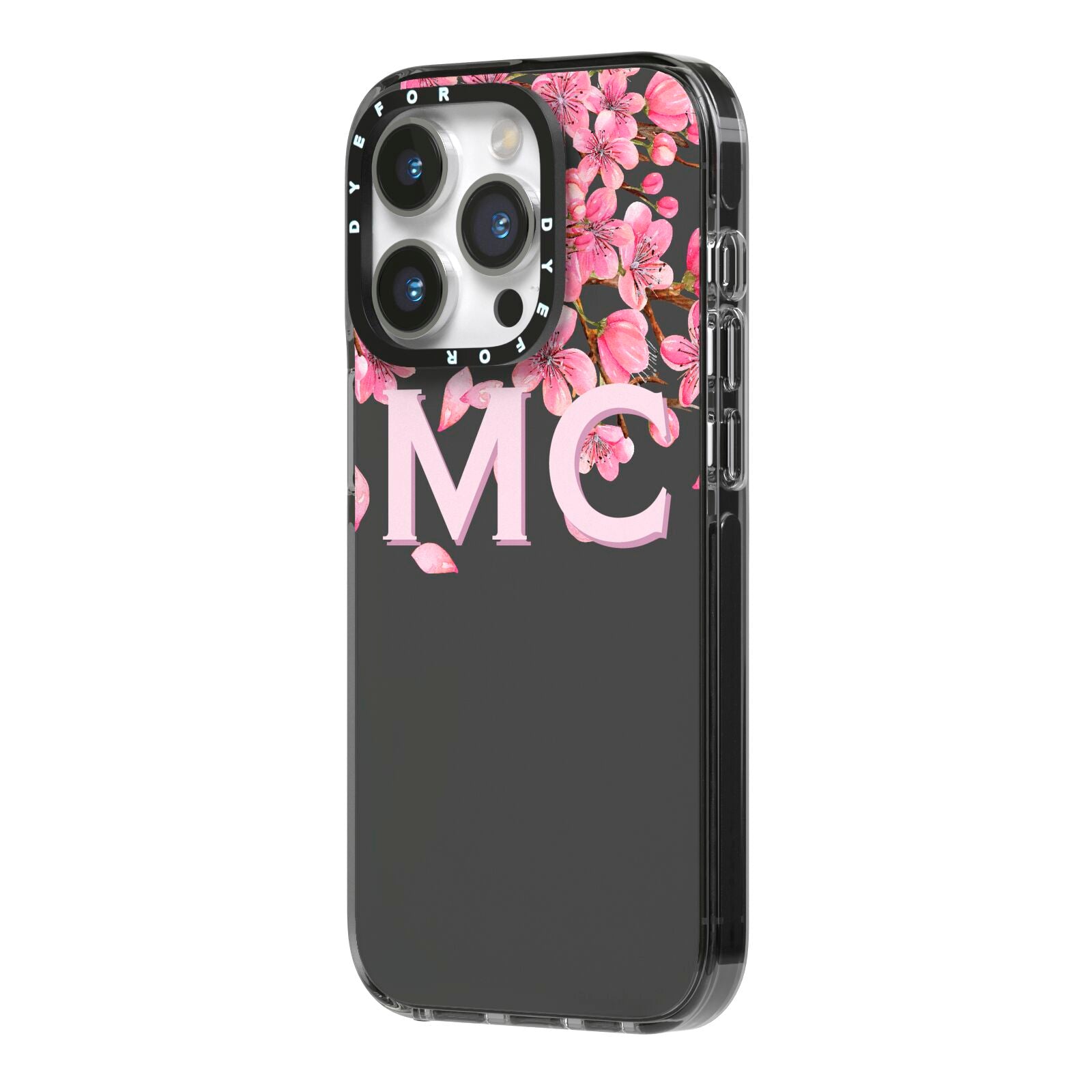 Personalised Floral Blossom Black Pink iPhone 14 Pro Black Impact Case Side Angle on Silver phone