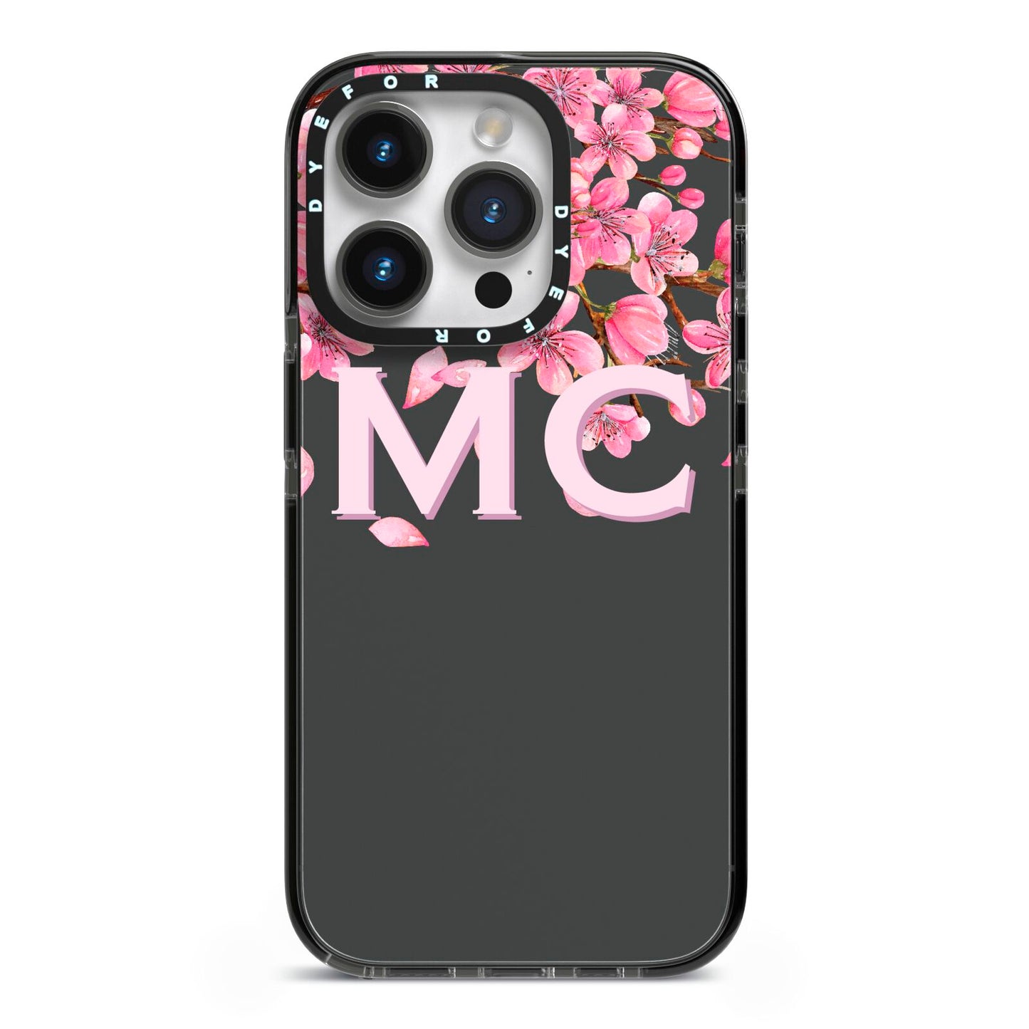 Personalised Floral Blossom Black Pink iPhone 14 Pro Black Impact Case on Silver phone