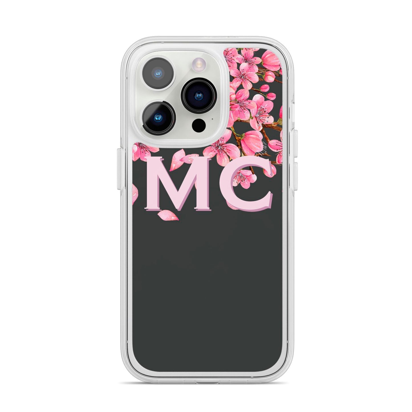 Personalised Floral Blossom Black Pink iPhone 14 Pro Clear Tough Case Silver