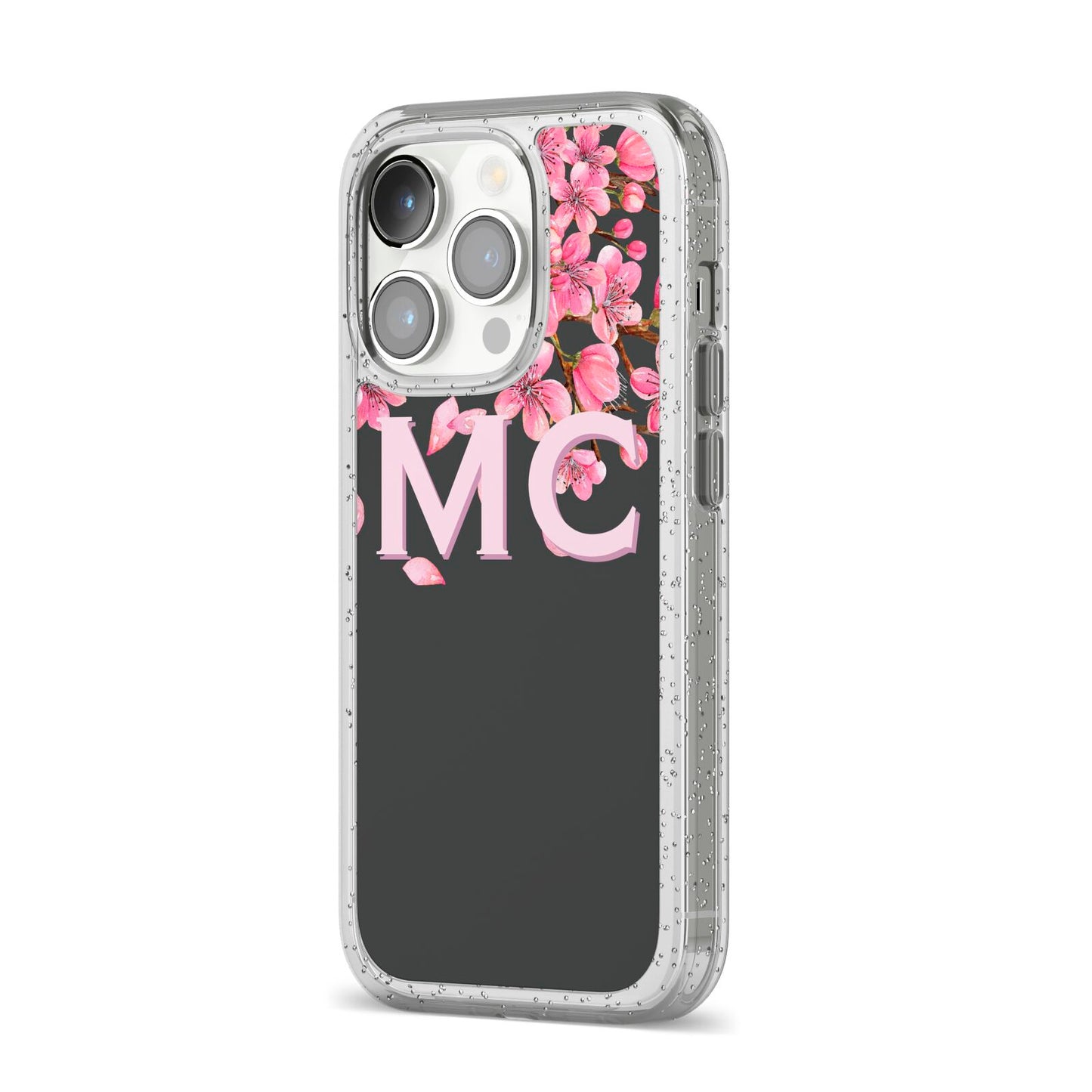 Personalised Floral Blossom Black Pink iPhone 14 Pro Glitter Tough Case Silver Angled Image