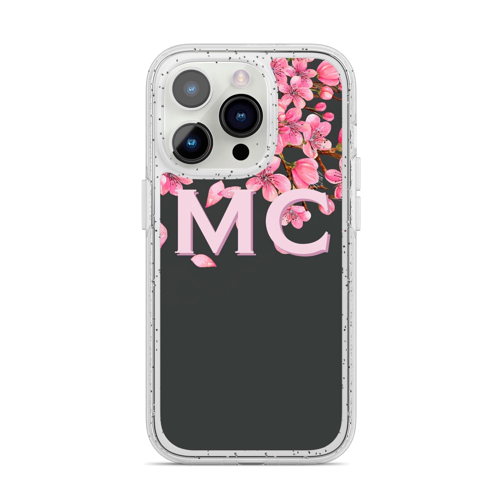 Personalised Floral Blossom Black Pink iPhone 14 Pro Glitter Tough Case Silver