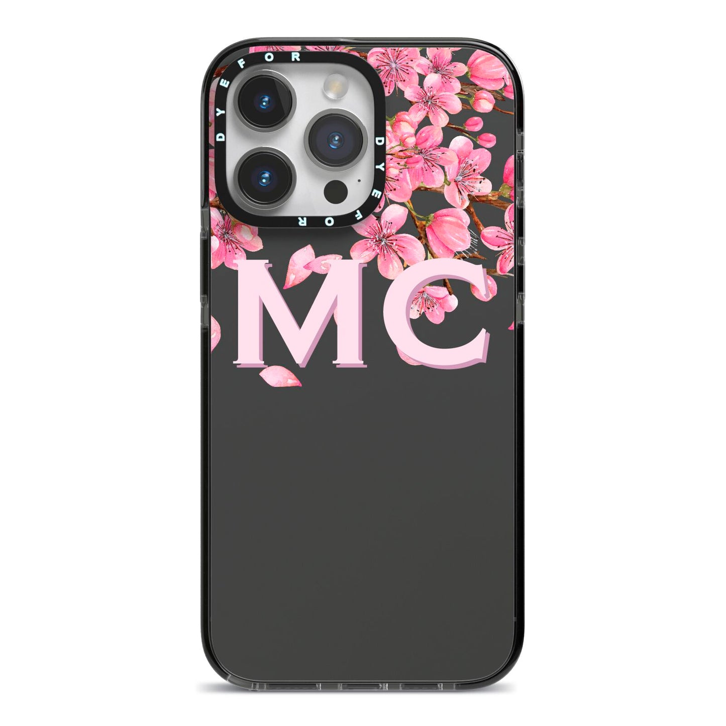 Personalised Floral Blossom Black Pink iPhone 14 Pro Max Black Impact Case on Silver phone