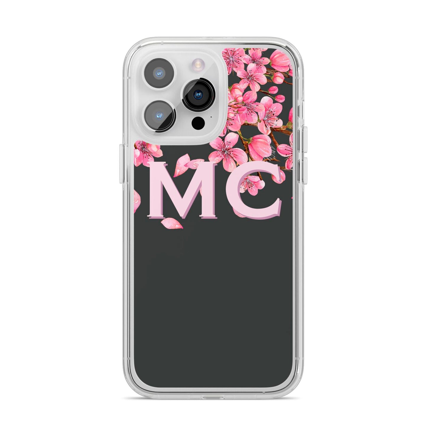 Personalised Floral Blossom Black Pink iPhone 14 Pro Max Clear Tough Case Silver