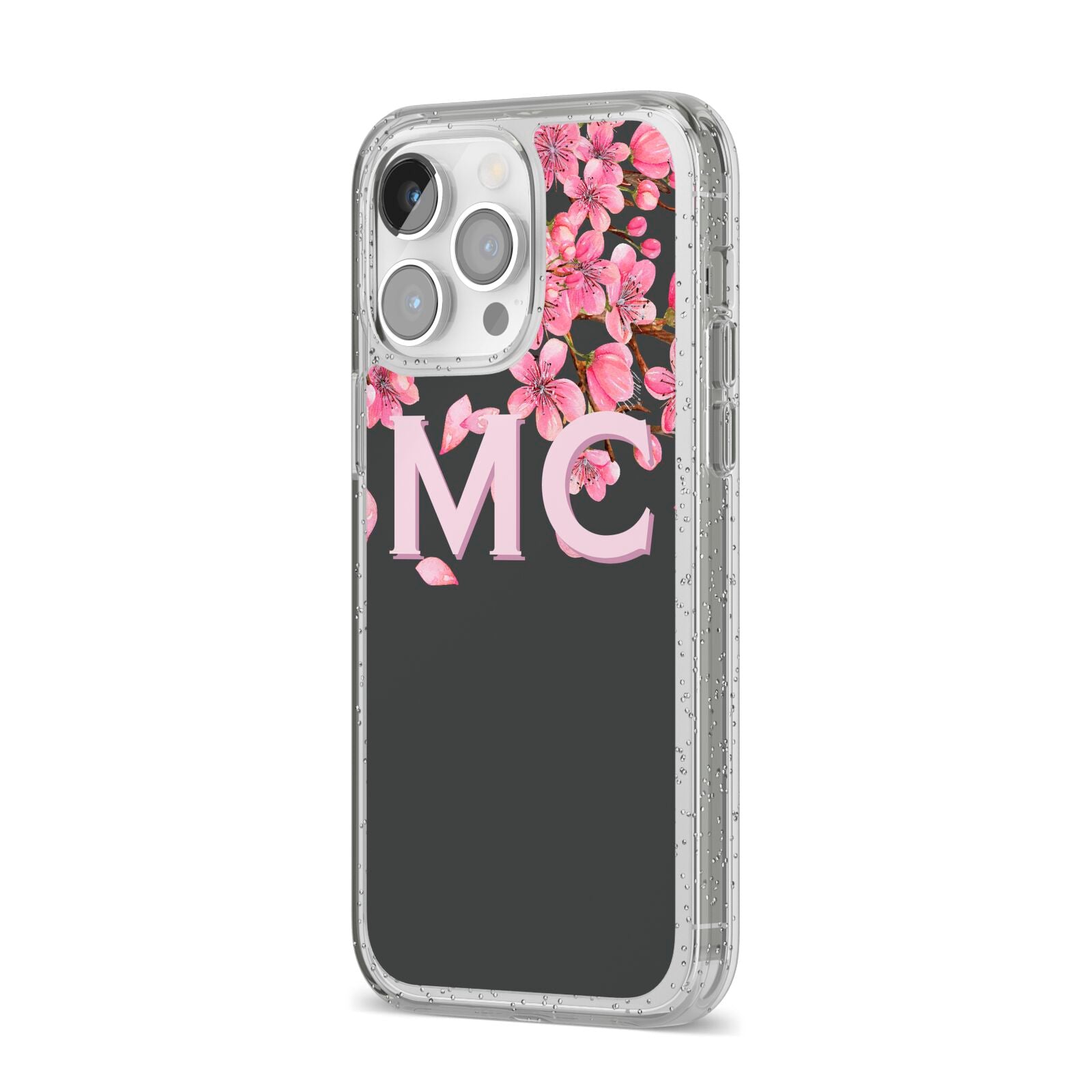 Personalised Floral Blossom Black Pink iPhone 14 Pro Max Glitter Tough Case Silver Angled Image