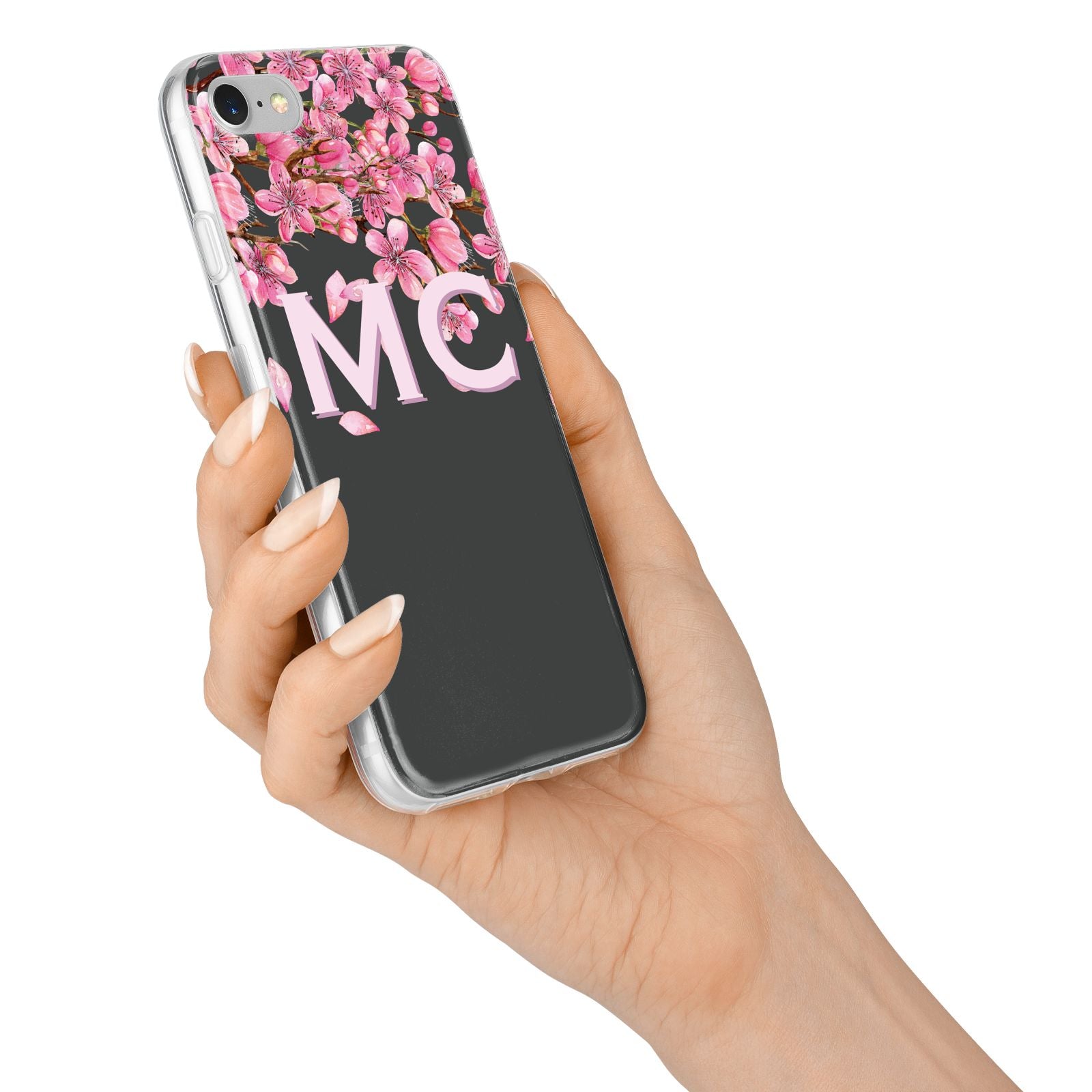 Personalised Floral Blossom Black Pink iPhone 7 Bumper Case on Silver iPhone Alternative Image
