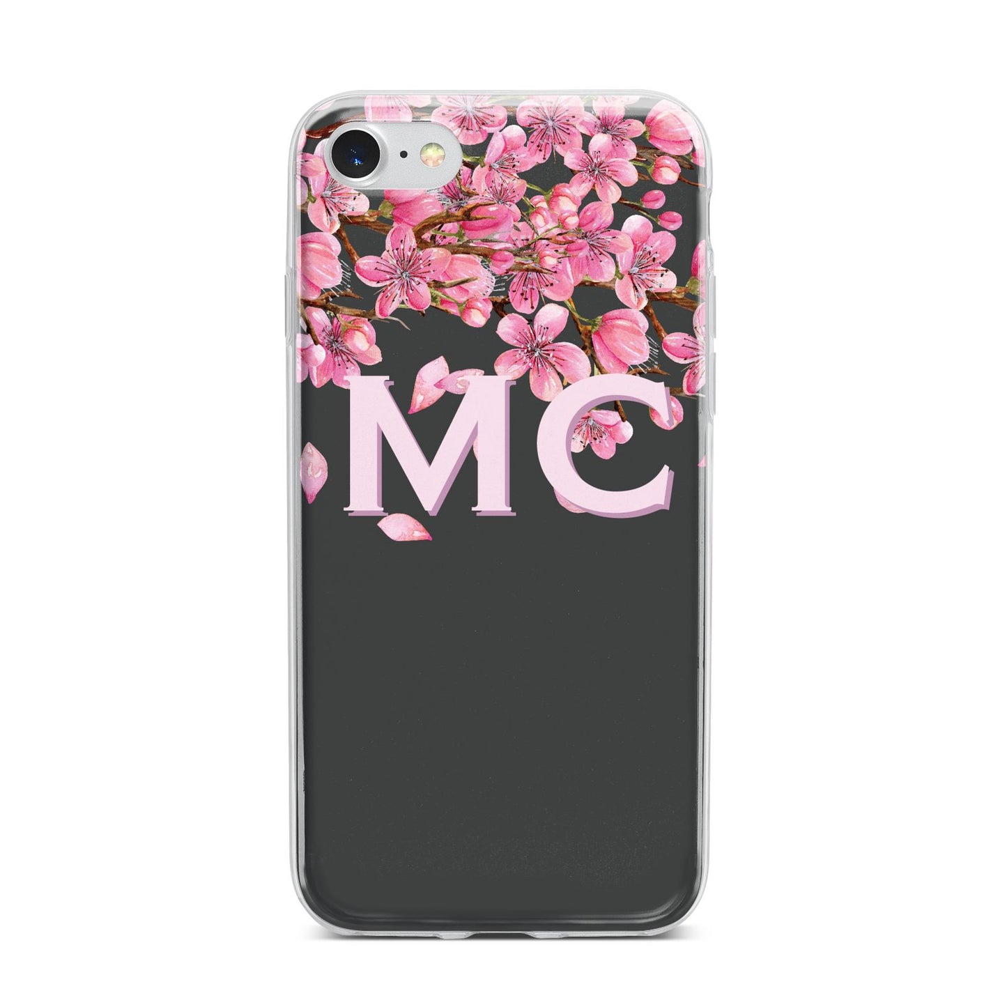 Personalised Floral Blossom Black Pink iPhone 7 Bumper Case on Silver iPhone