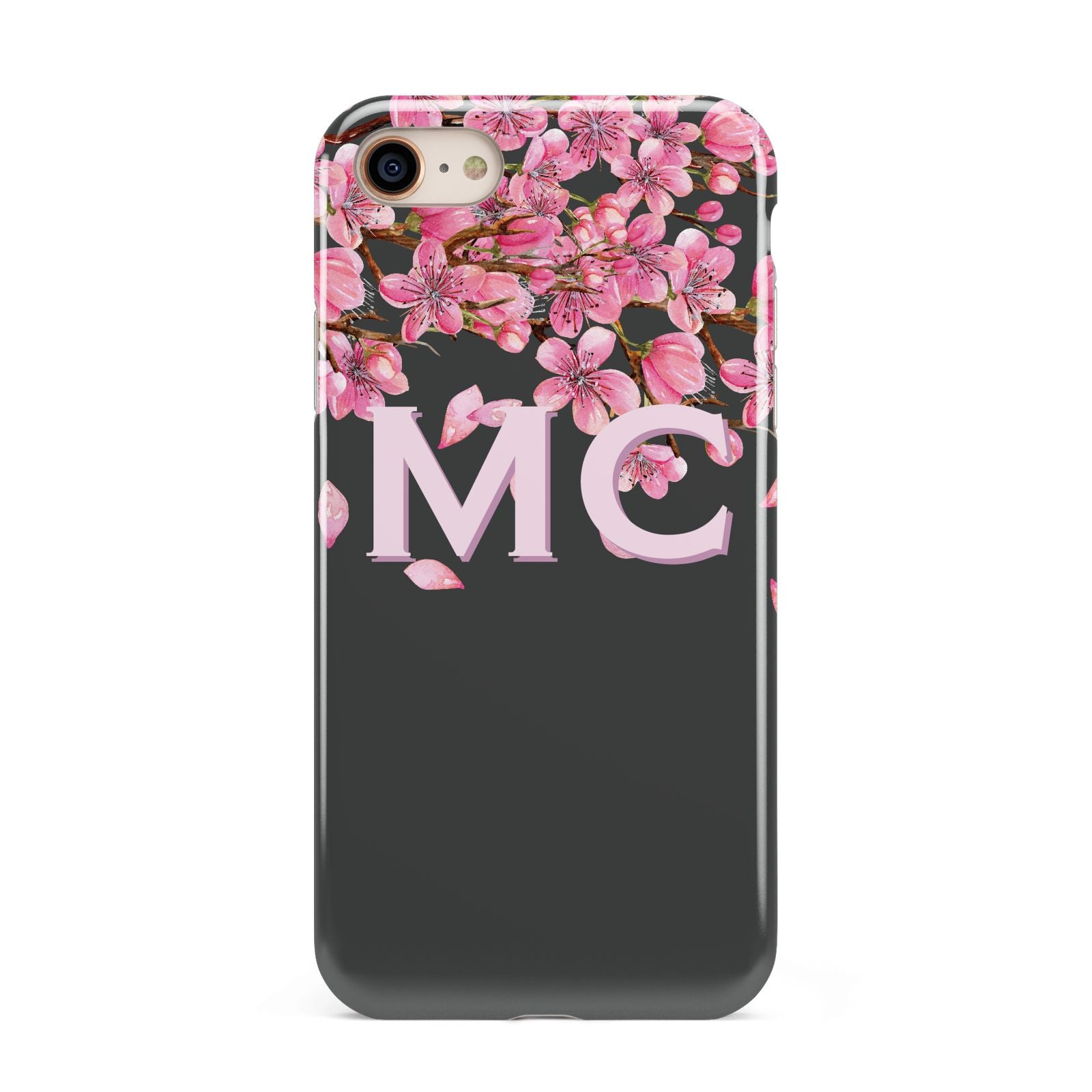Personalised Floral Blossom Black Pink iPhone 8 3D Tough Case on Gold Phone