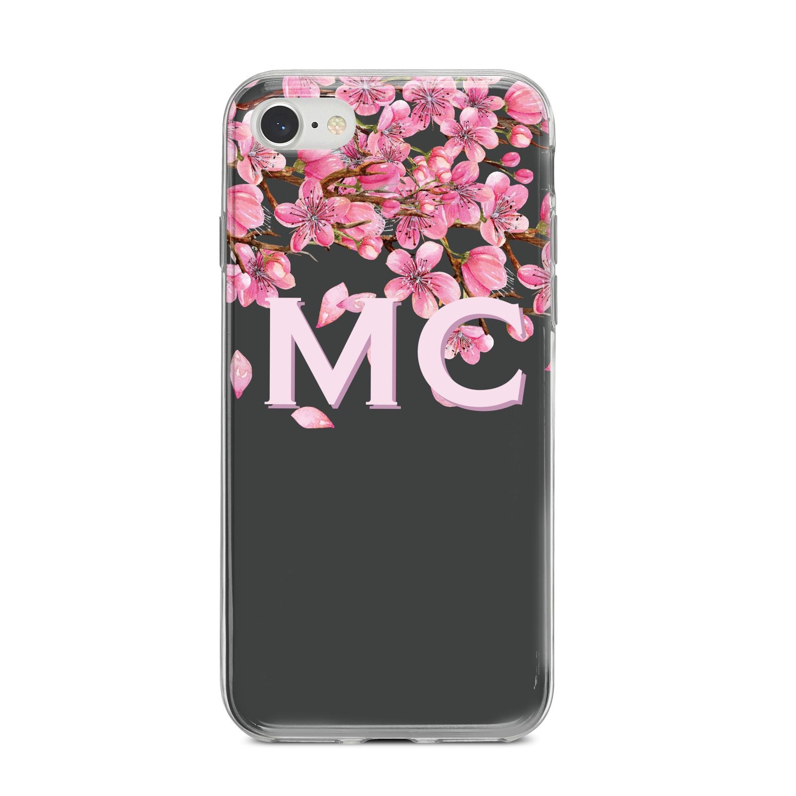 Personalised Floral Blossom Black Pink iPhone 8 Bumper Case on Silver iPhone