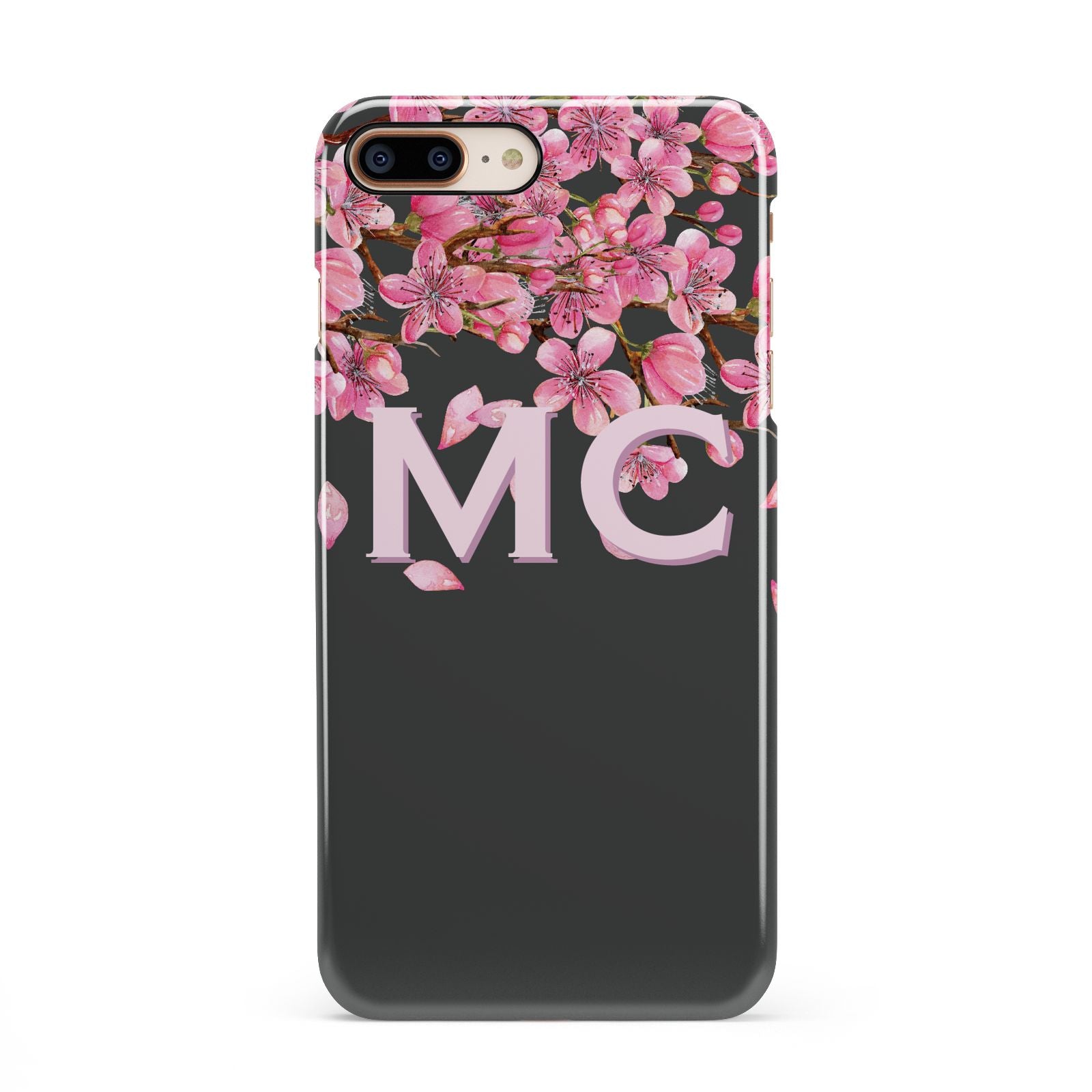 Personalised Floral Blossom Black Pink iPhone 8 Plus 3D Snap Case on Gold Phone