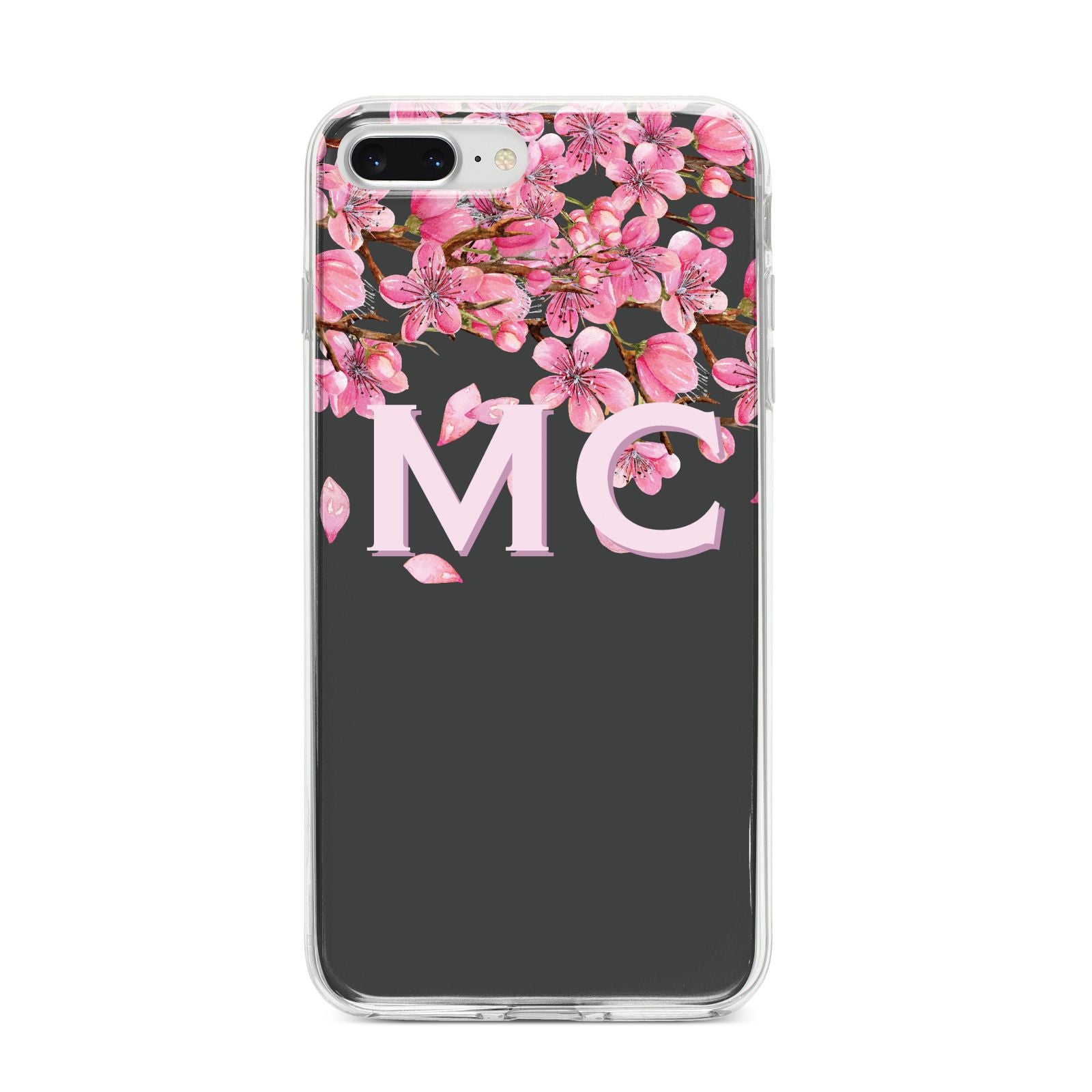 Personalised Floral Blossom Black Pink iPhone 8 Plus Bumper Case on Silver iPhone