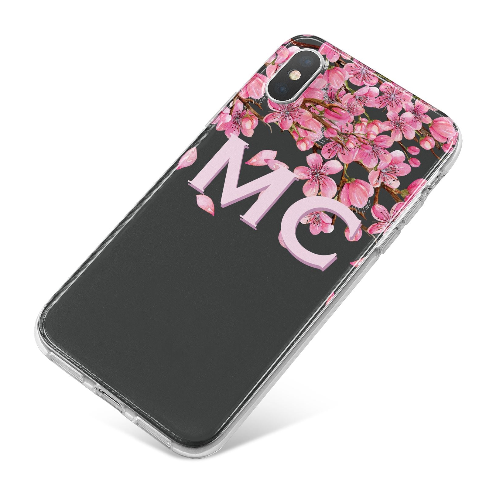 Personalised Floral Blossom Black Pink iPhone X Bumper Case on Silver iPhone