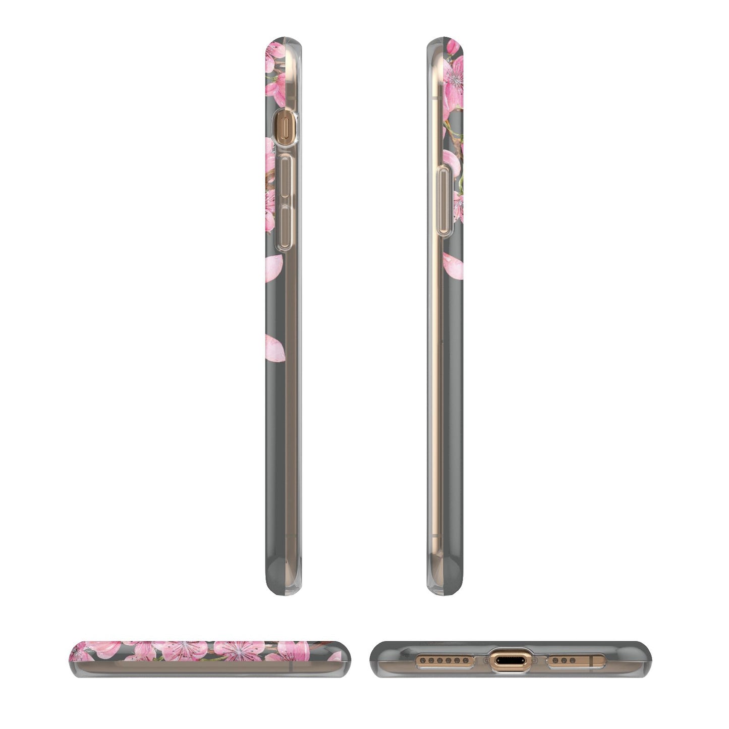 Personalised Floral Blossom Black Pink iPhone XS 3D Tough Case in Gold Angled Images