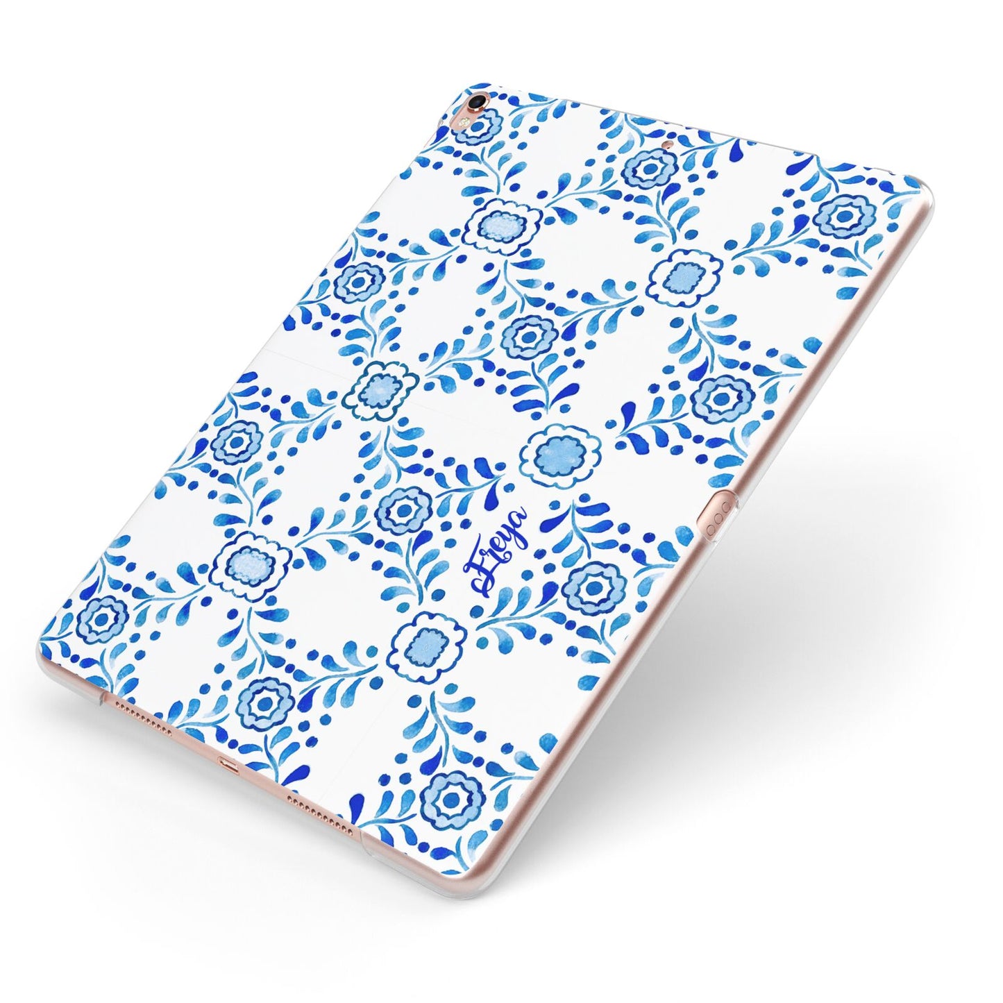 Personalised Floral Greek Tiles Apple iPad Case on Rose Gold iPad Side View