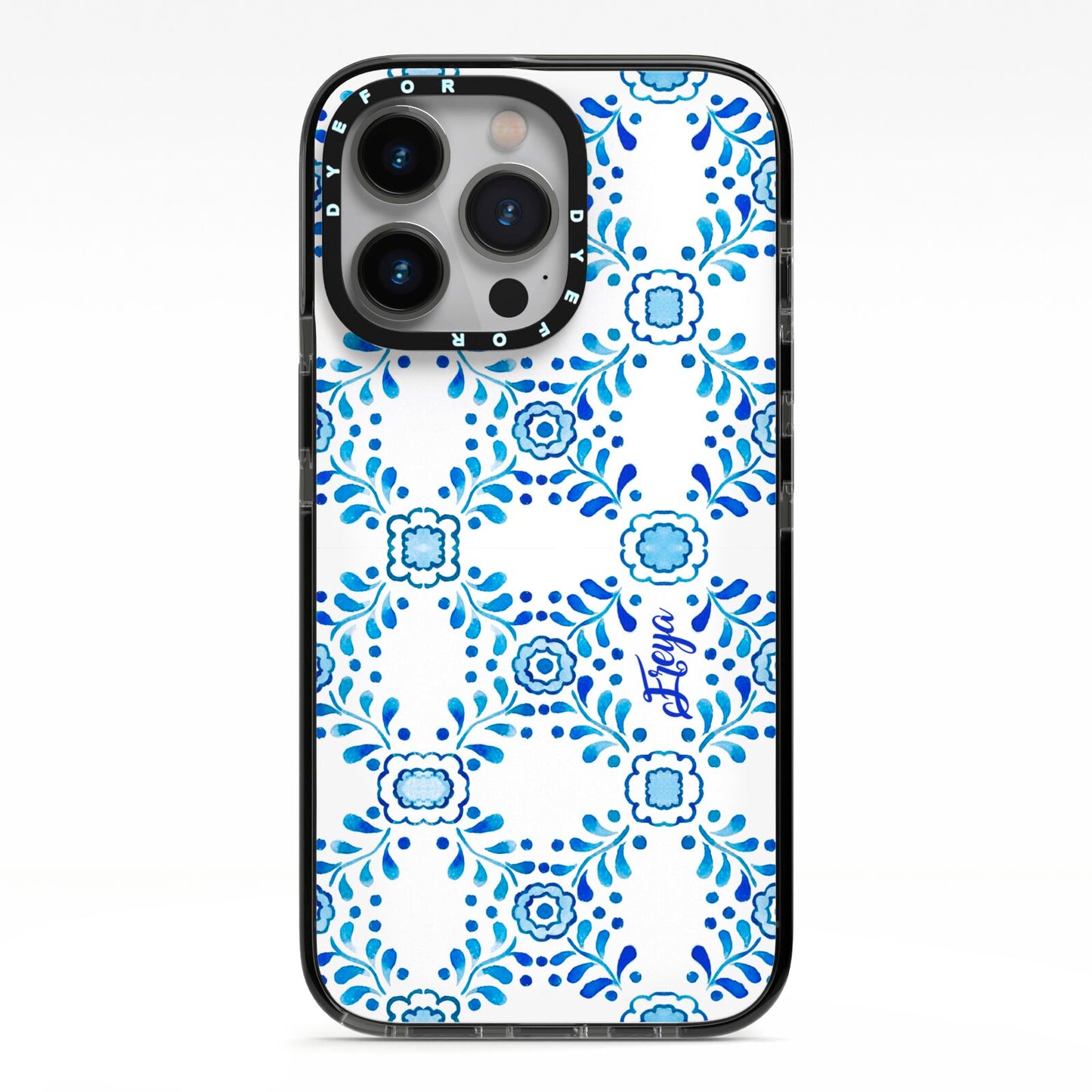 Personalised Floral Greek Tiles iPhone 13 Pro Black Impact Case on Silver phone