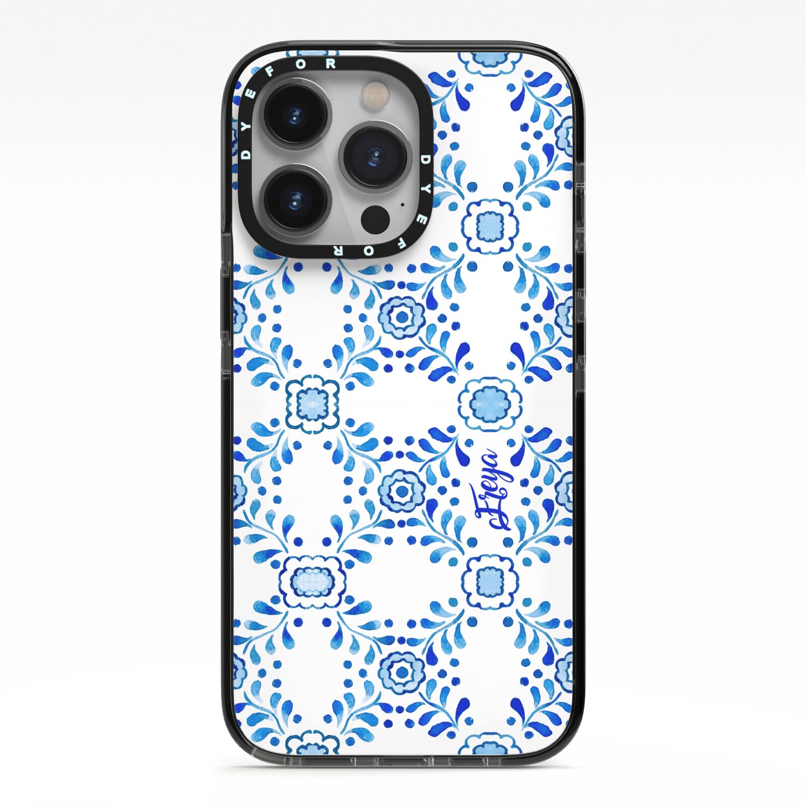 Personalised Floral Greek Tiles iPhone 13 Pro Black Impact Case on Silver phone
