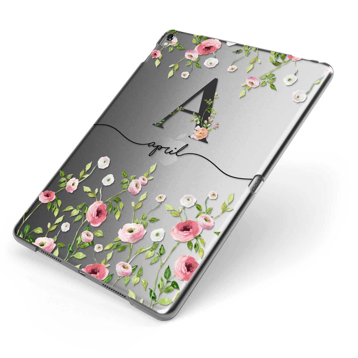 Personalised Floral Initial Apple iPad Case on Grey iPad Side View