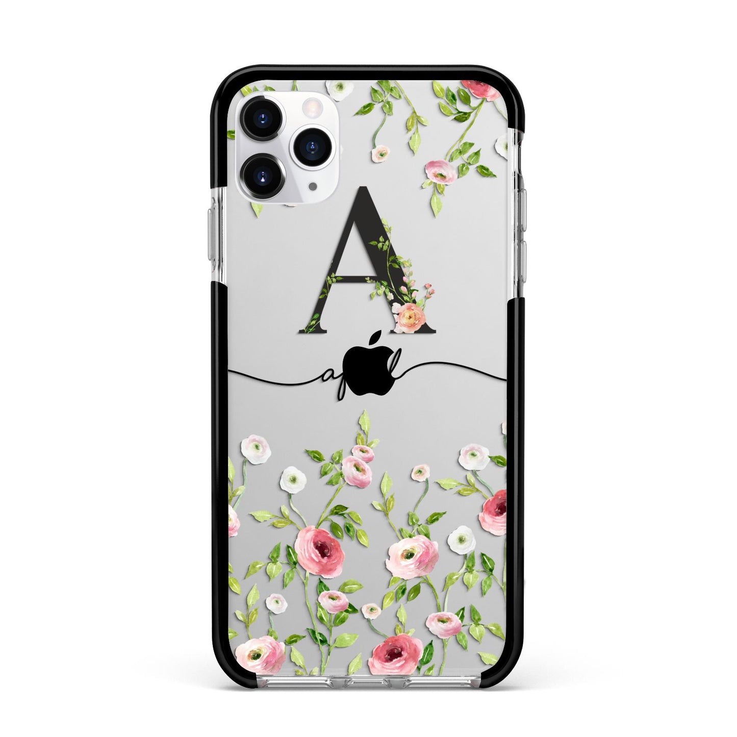 Personalised Floral Initial Apple iPhone 11 Pro Max in Silver with Black Impact Case
