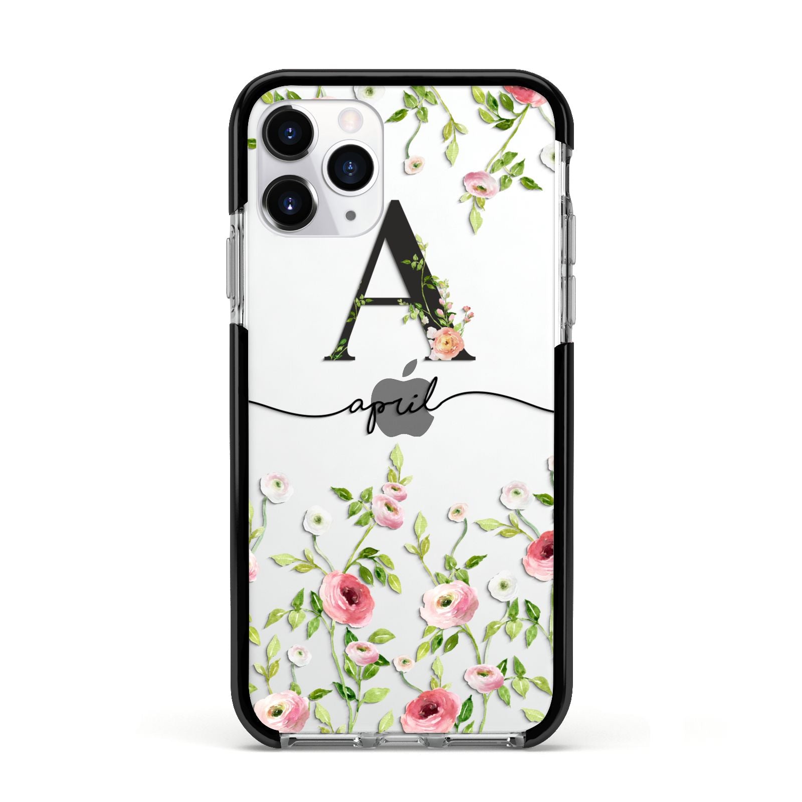 Personalised Floral Initial Apple iPhone 11 Pro in Silver with Black Impact Case