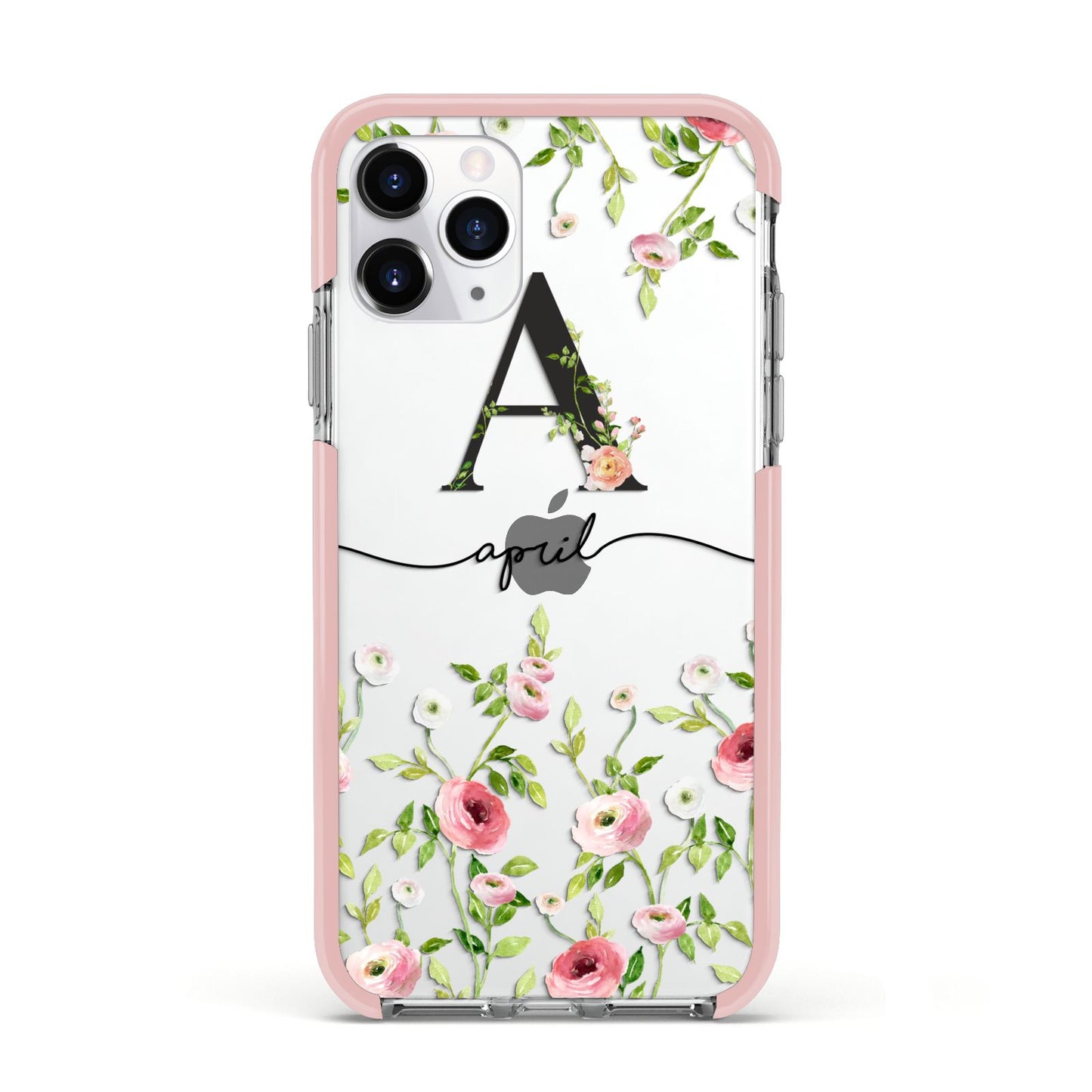 Personalised Floral Initial Apple iPhone 11 Pro in Silver with Pink Impact Case