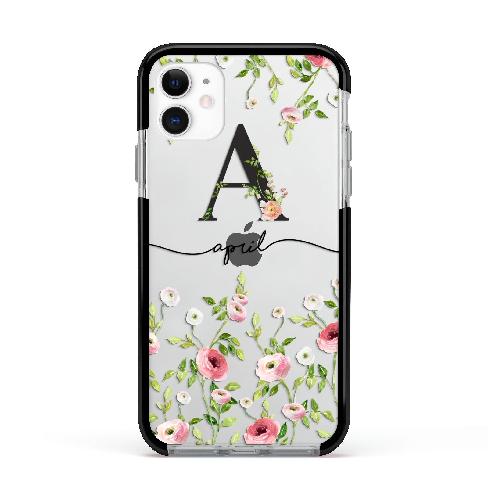 Personalised Floral Initial Apple iPhone 11 in White with Black Impact Case