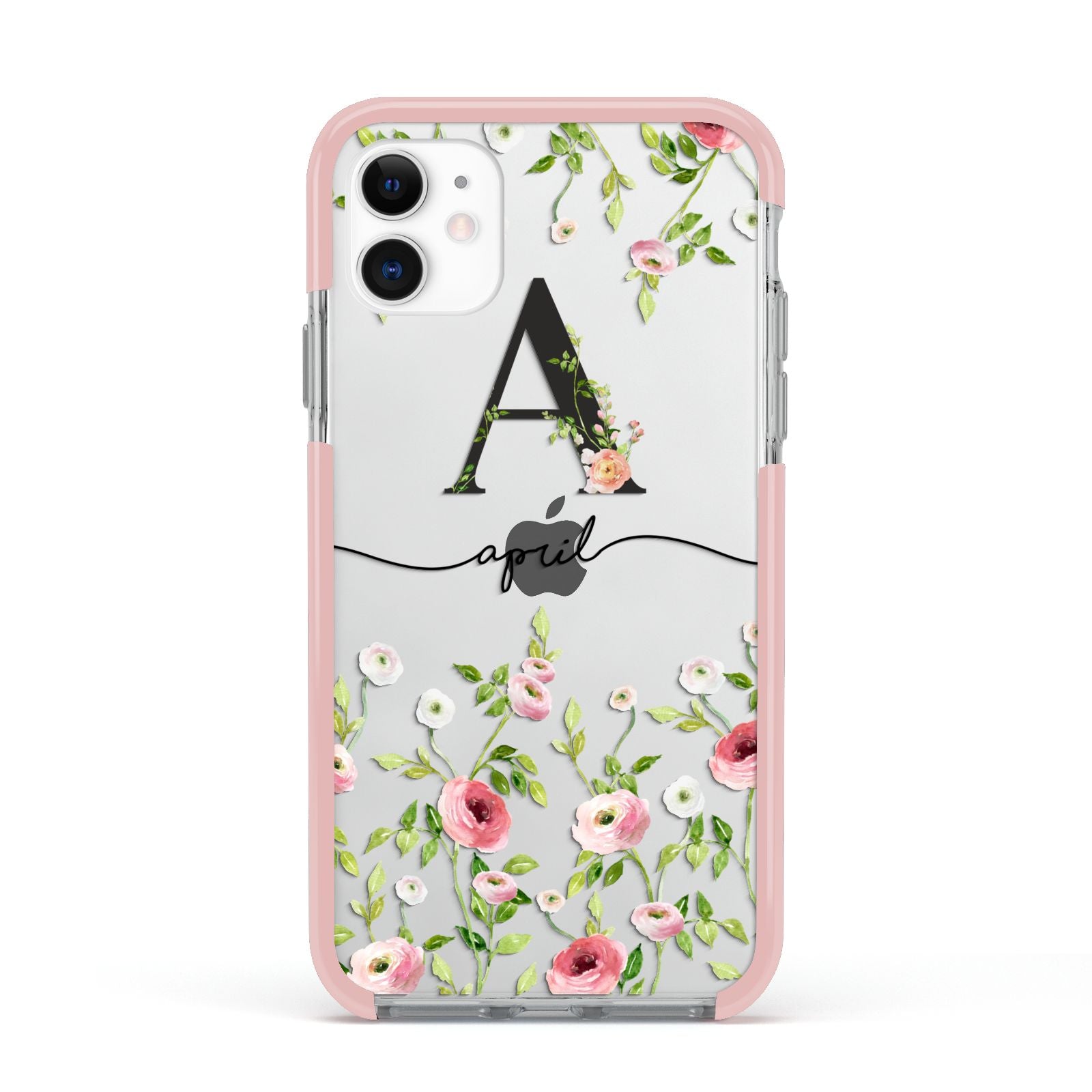Personalised Floral Initial Apple iPhone 11 in White with Pink Impact Case