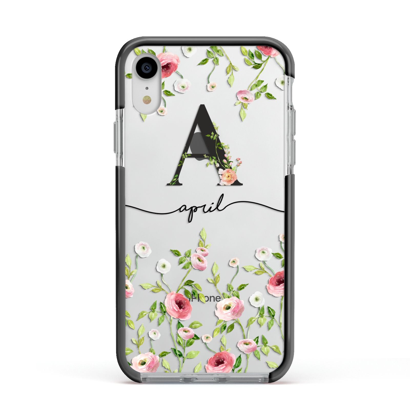 Personalised Floral Initial Apple iPhone XR Impact Case Black Edge on Silver Phone