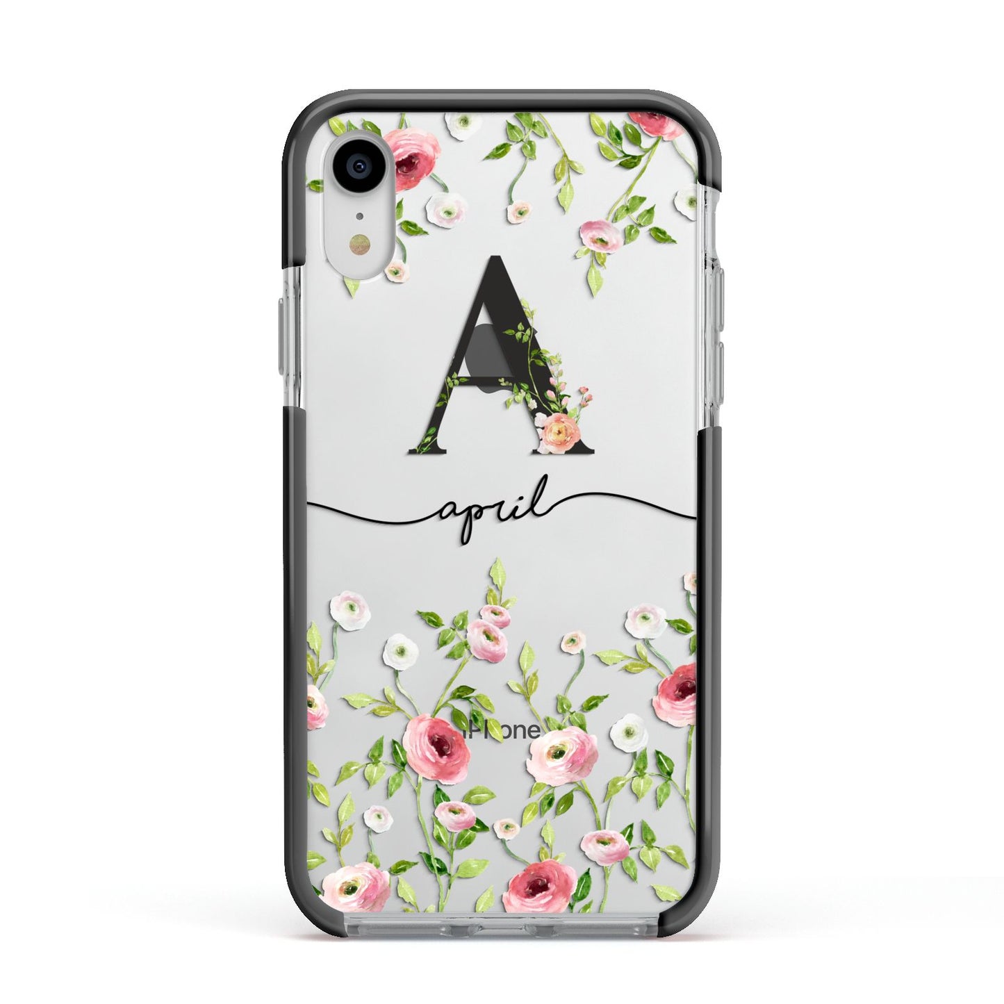 Personalised Floral Initial Apple iPhone XR Impact Case Black Edge on Silver Phone