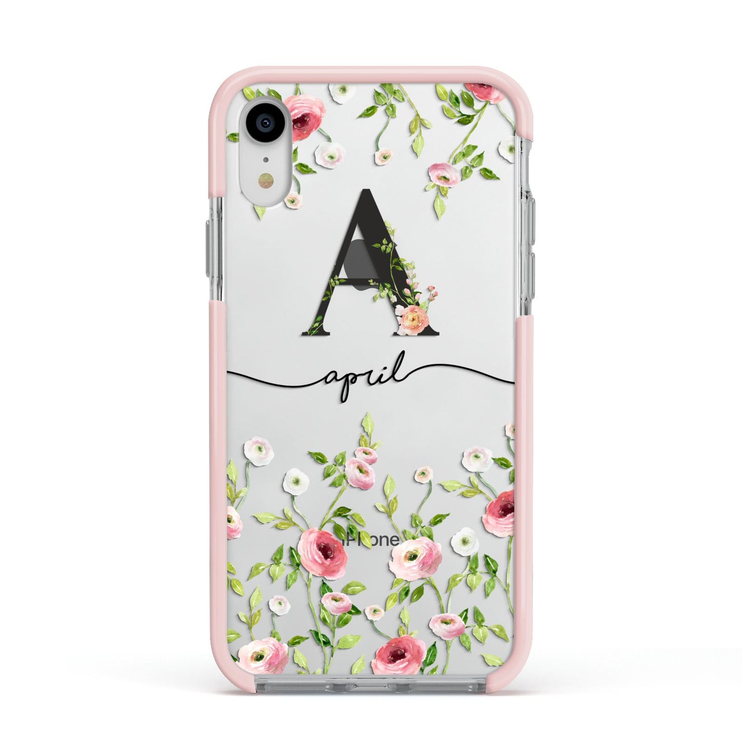 Personalised Floral Initial Apple iPhone XR Impact Case Pink Edge on Silver Phone