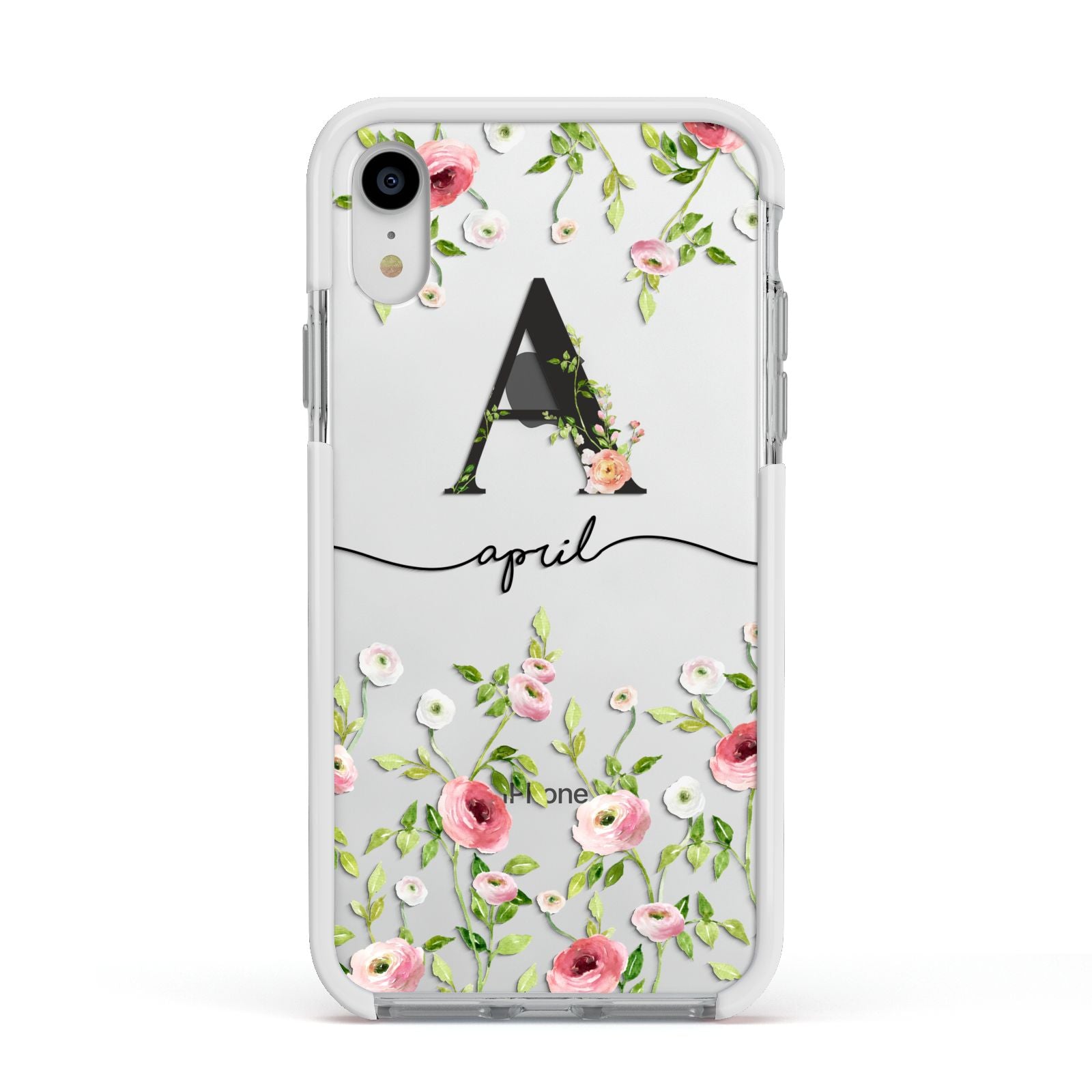 Personalised Floral Initial Apple iPhone XR Impact Case White Edge on Silver Phone