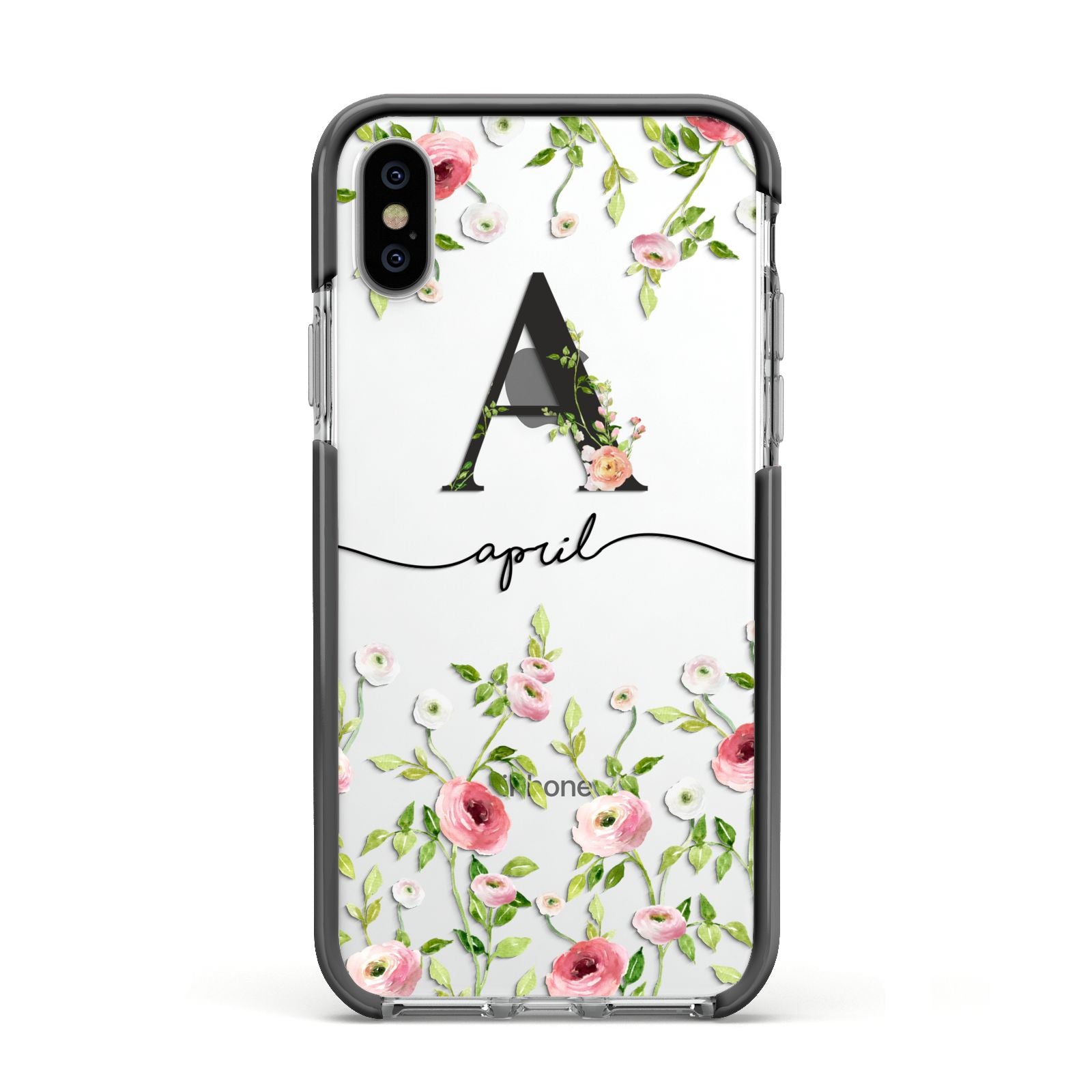 Personalised Floral Initial Apple iPhone Xs Impact Case Black Edge on Silver Phone