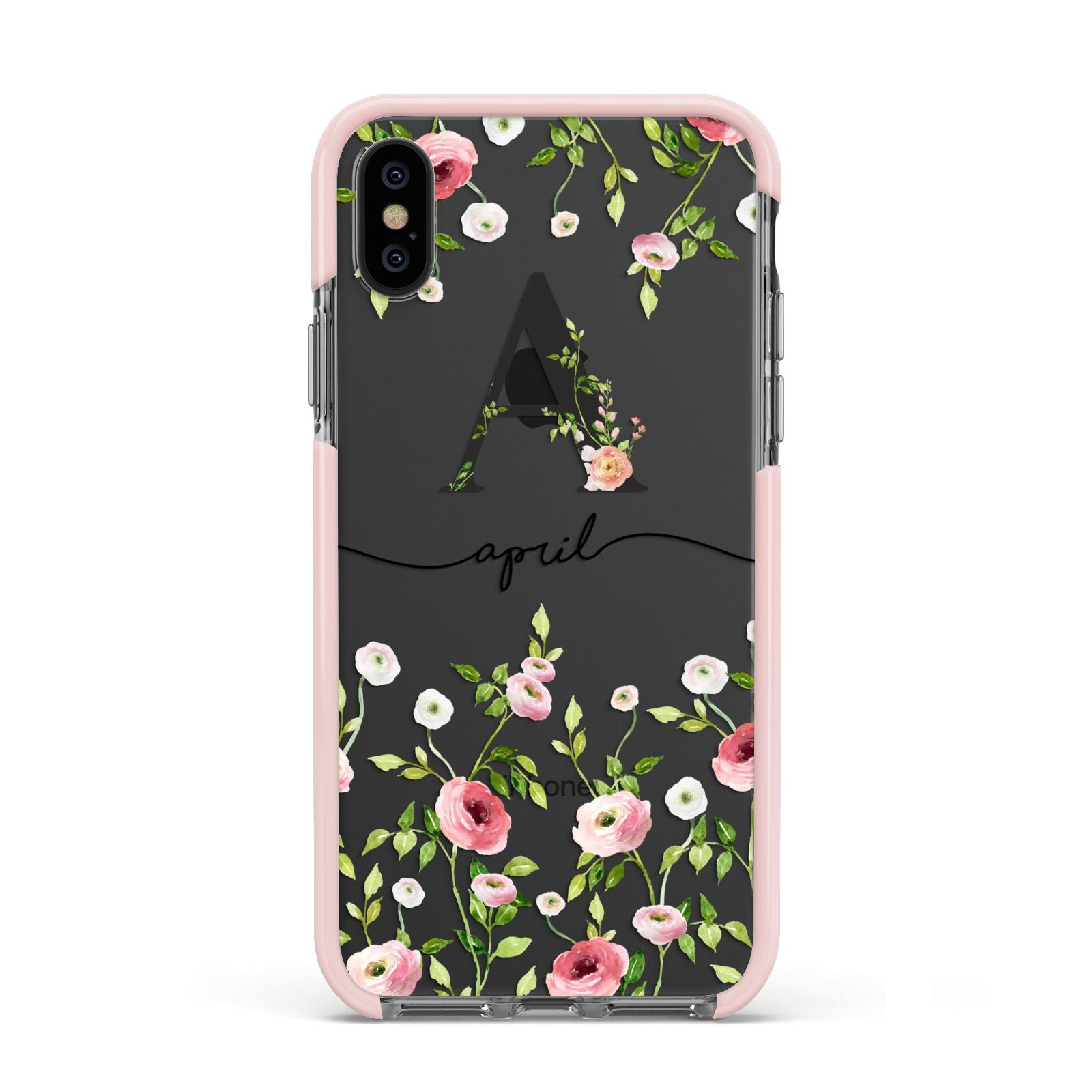 Personalised Floral Initial Apple iPhone Xs Impact Case Pink Edge on Black Phone