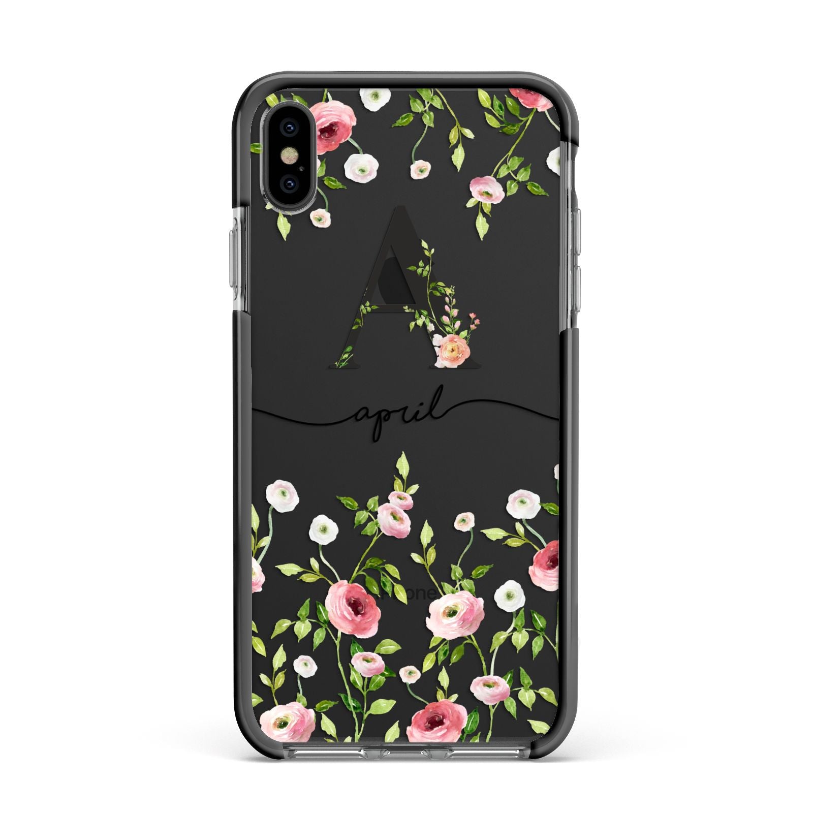 Personalised Floral Initial Apple iPhone Xs Max Impact Case Black Edge on Black Phone
