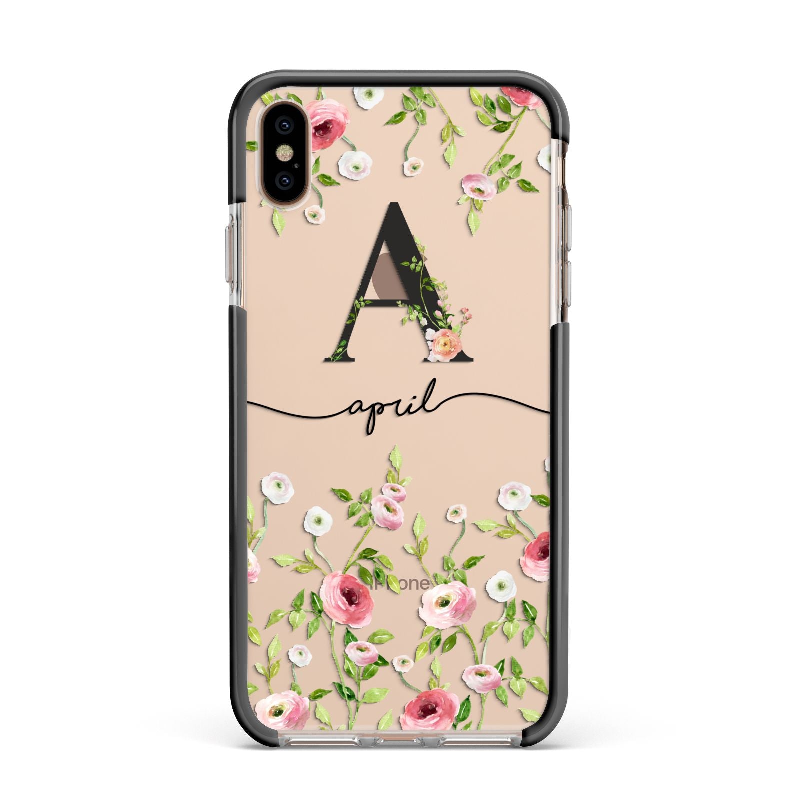 Personalised Floral Initial Apple iPhone Xs Max Impact Case Black Edge on Gold Phone