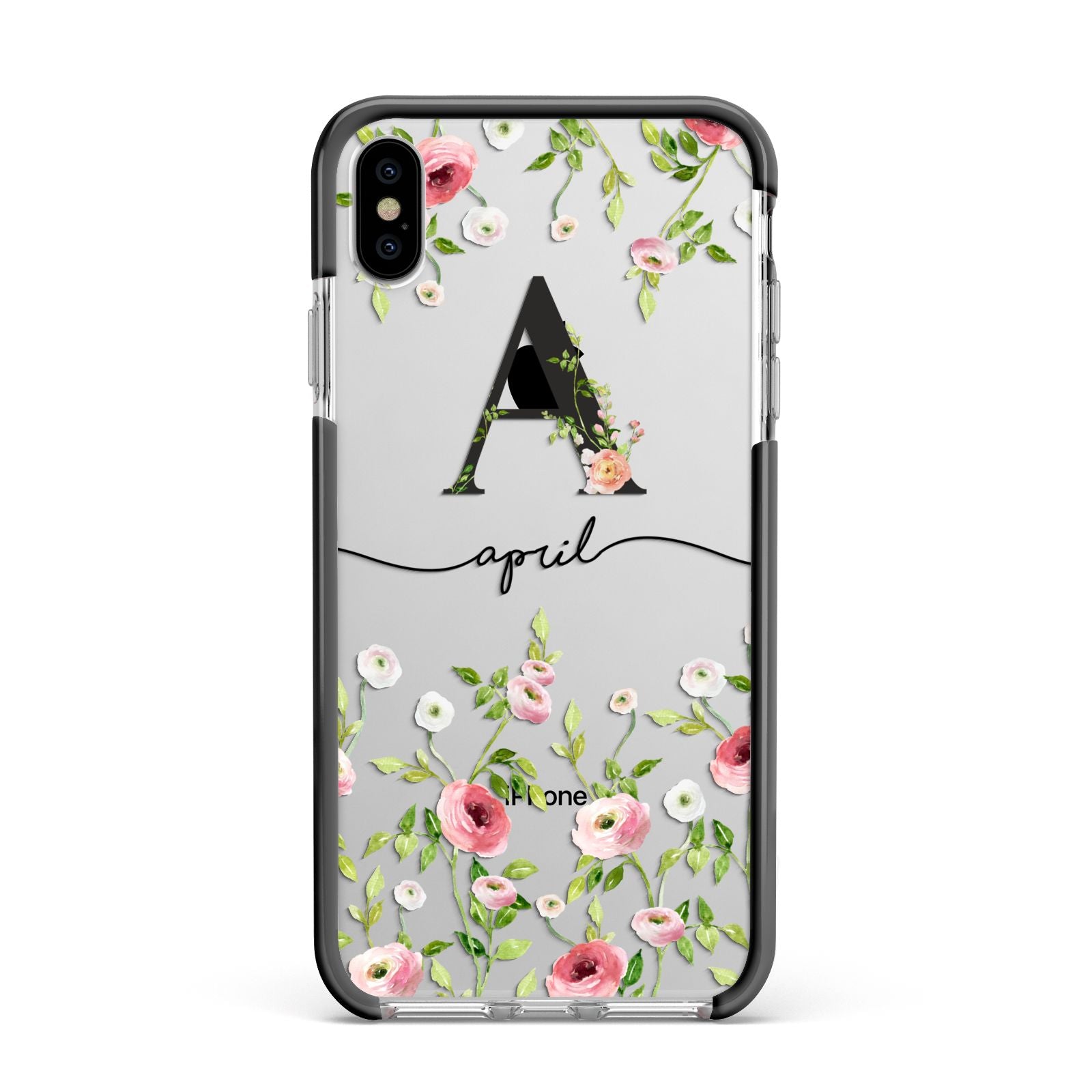 Personalised Floral Initial Apple iPhone Xs Max Impact Case Black Edge on Silver Phone