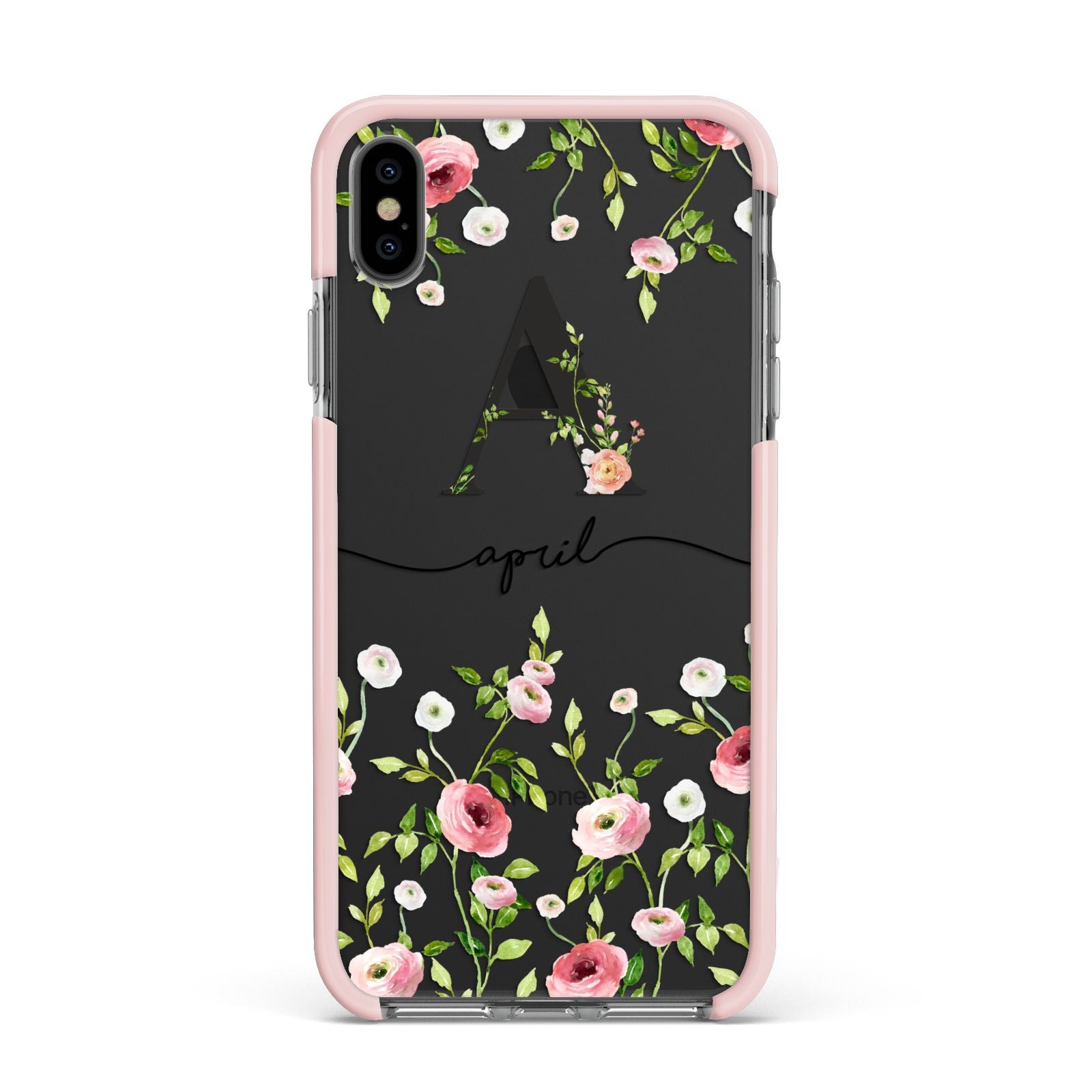 Personalised Floral Initial Apple iPhone Xs Max Impact Case Pink Edge on Black Phone