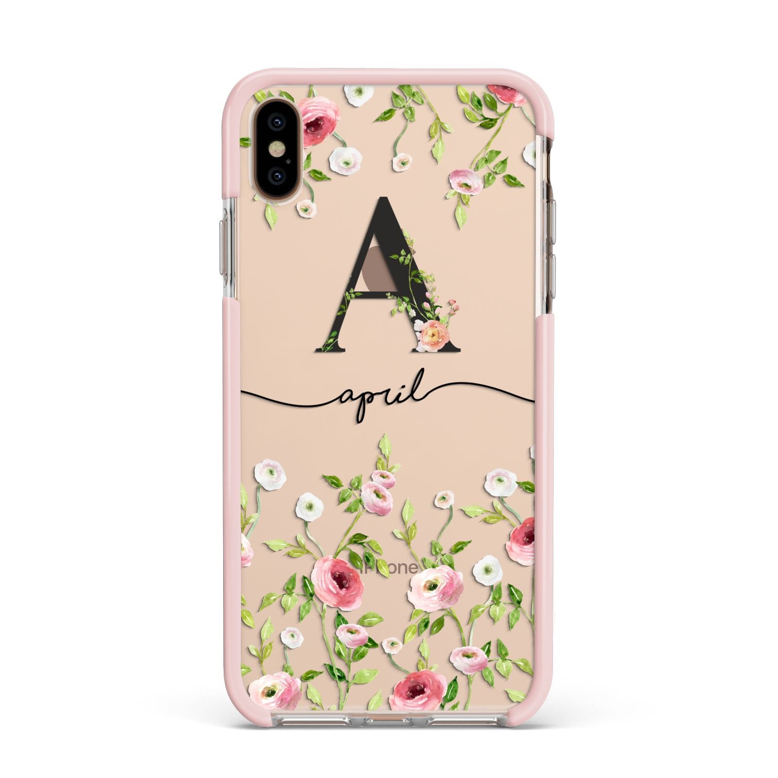 Personalised Floral Initial Apple iPhone Xs Max Impact Case Pink Edge on Gold Phone