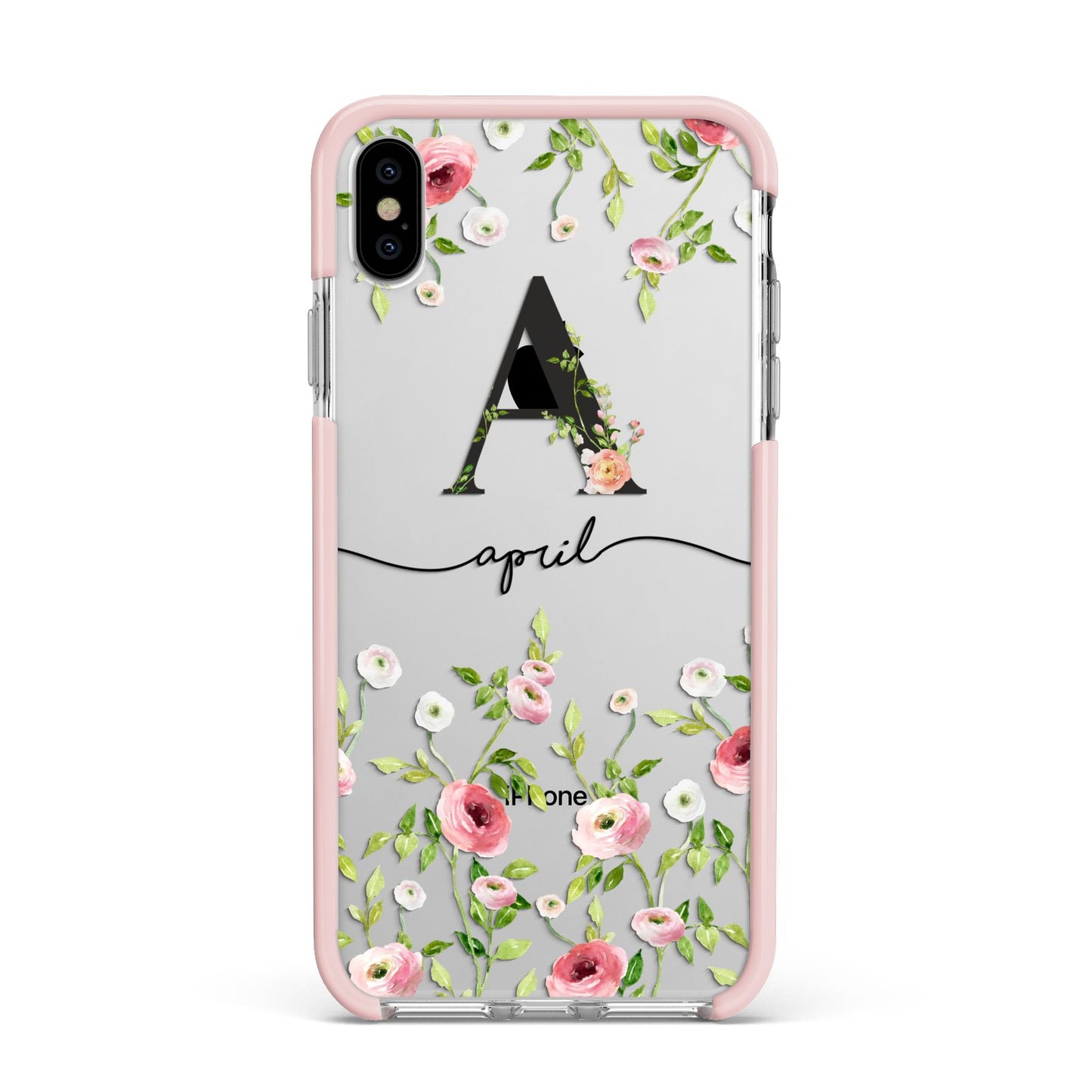 Personalised Floral Initial Apple iPhone Xs Max Impact Case Pink Edge on Silver Phone