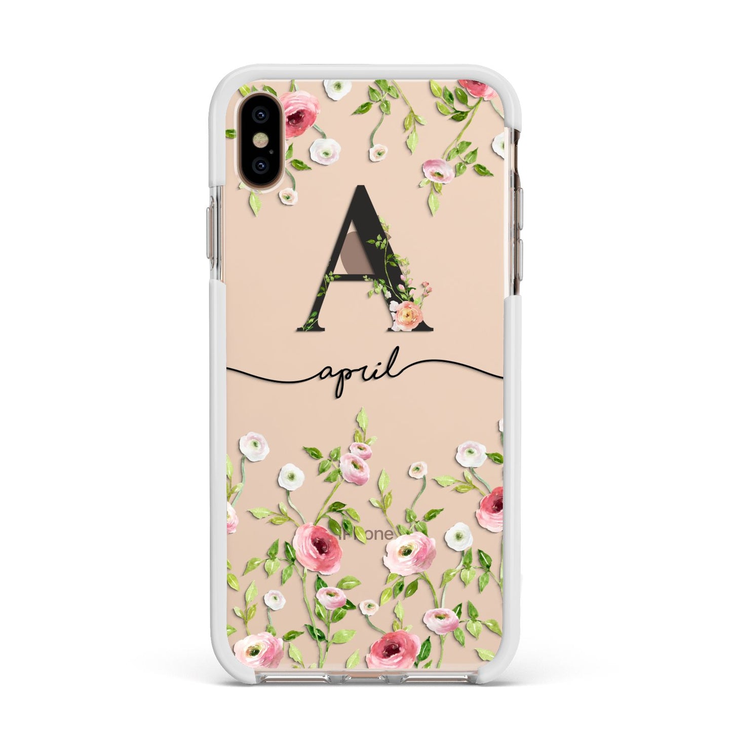 Personalised Floral Initial Apple iPhone Xs Max Impact Case White Edge on Gold Phone