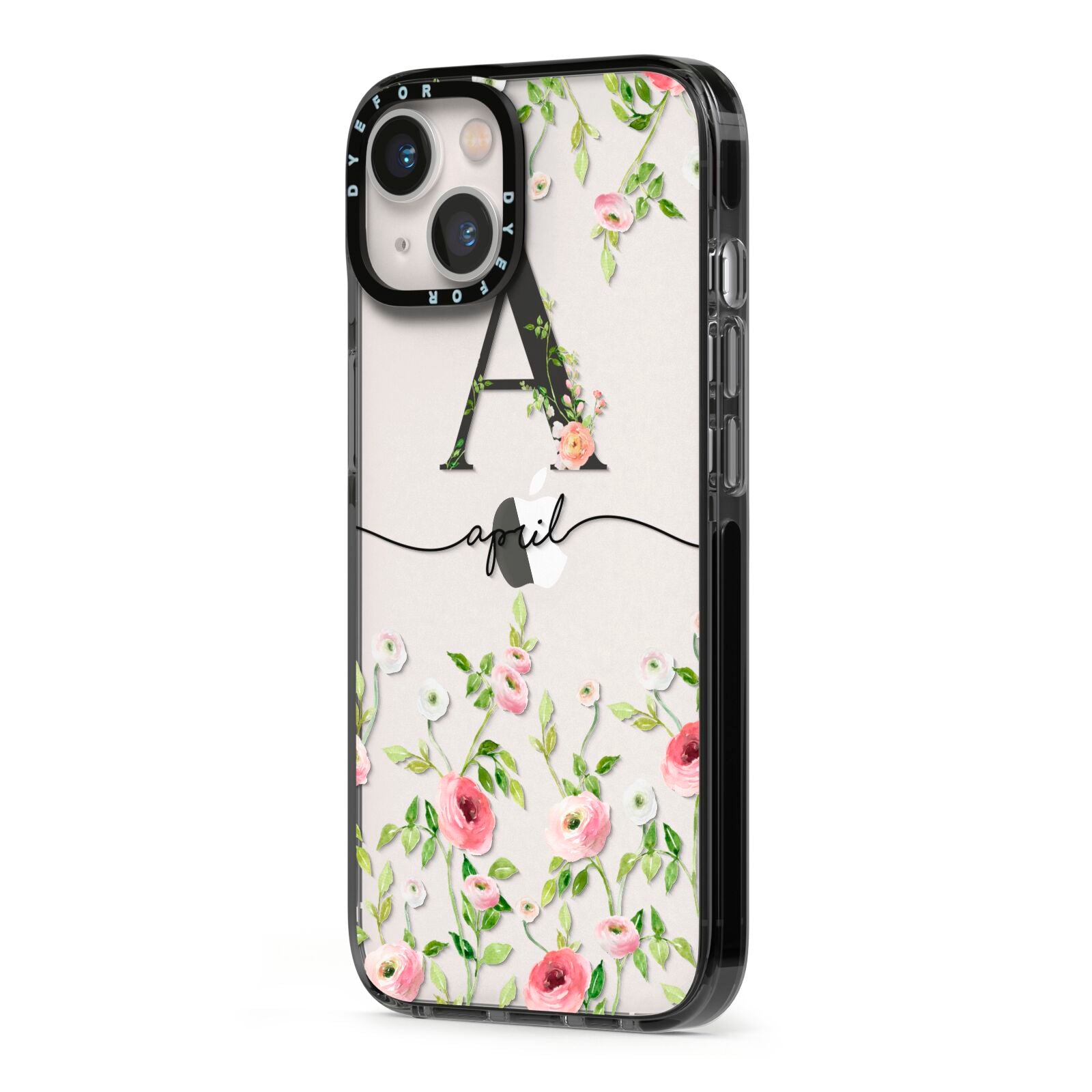 Personalised Floral Initial iPhone 13 Black Impact Case Side Angle on Silver phone