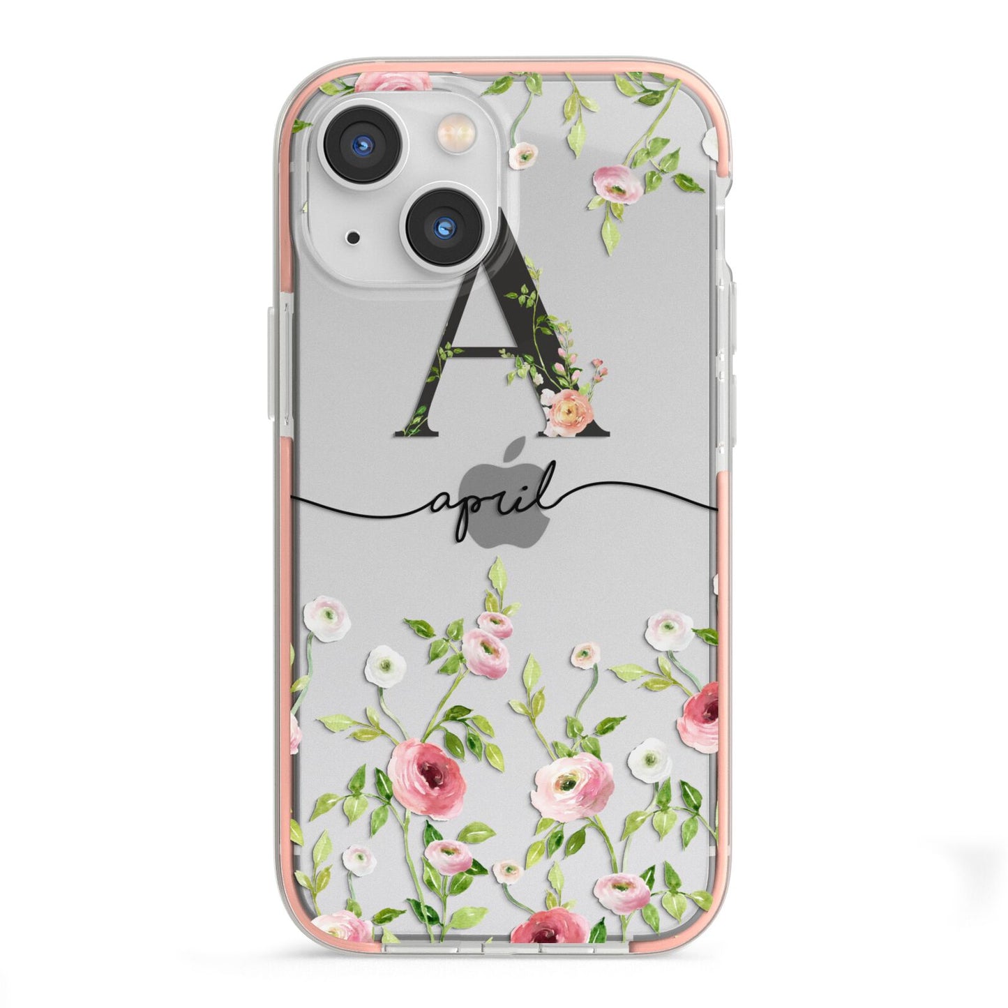 Personalised Floral Initial iPhone 13 Mini TPU Impact Case with Pink Edges