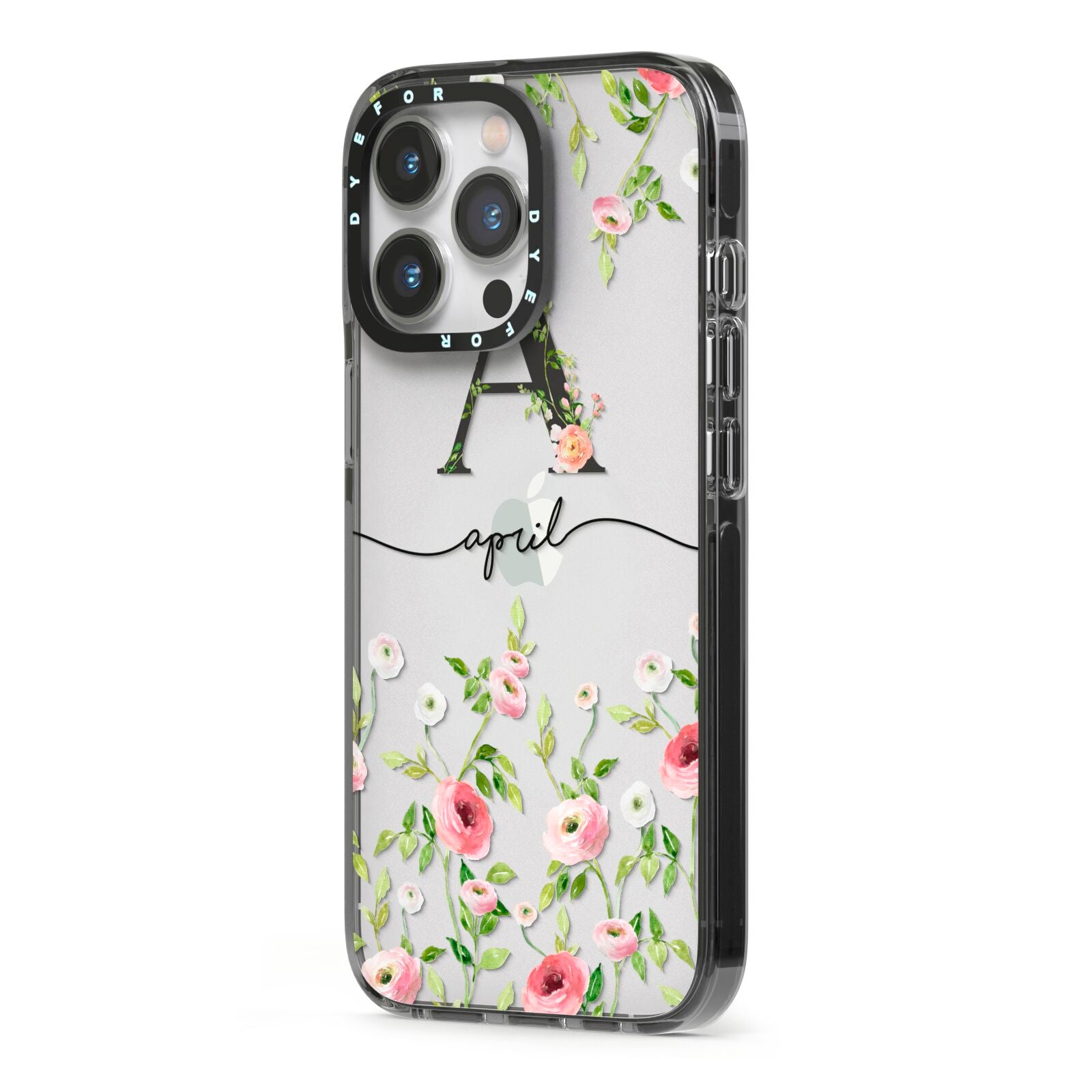 Personalised Floral Initial iPhone 13 Pro Black Impact Case Side Angle on Silver phone