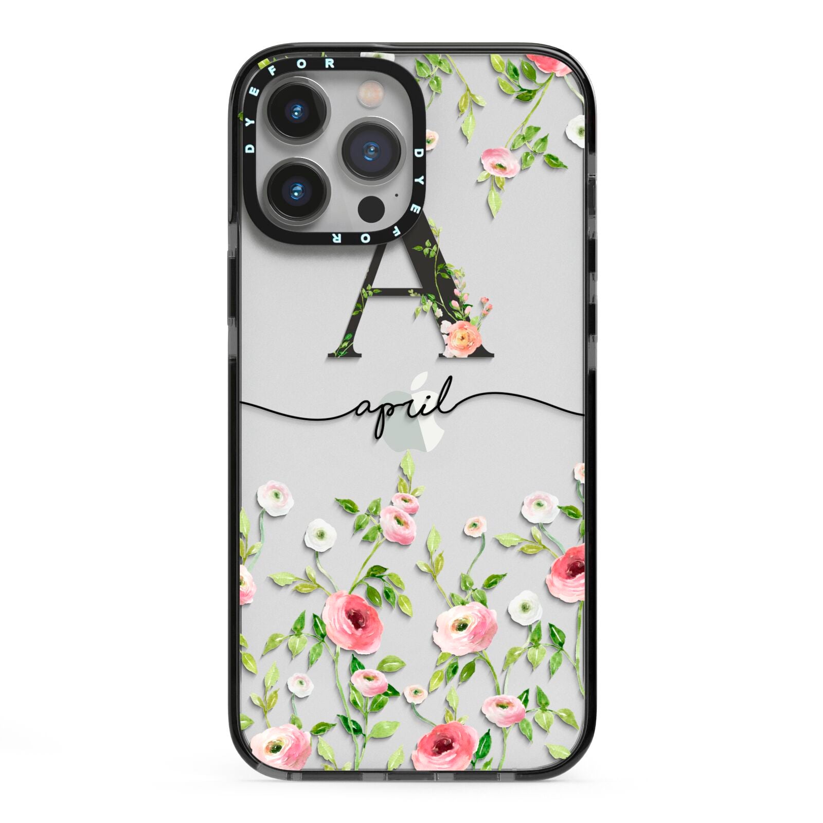 Personalised Floral Initial iPhone 13 Pro Max Black Impact Case on Silver phone