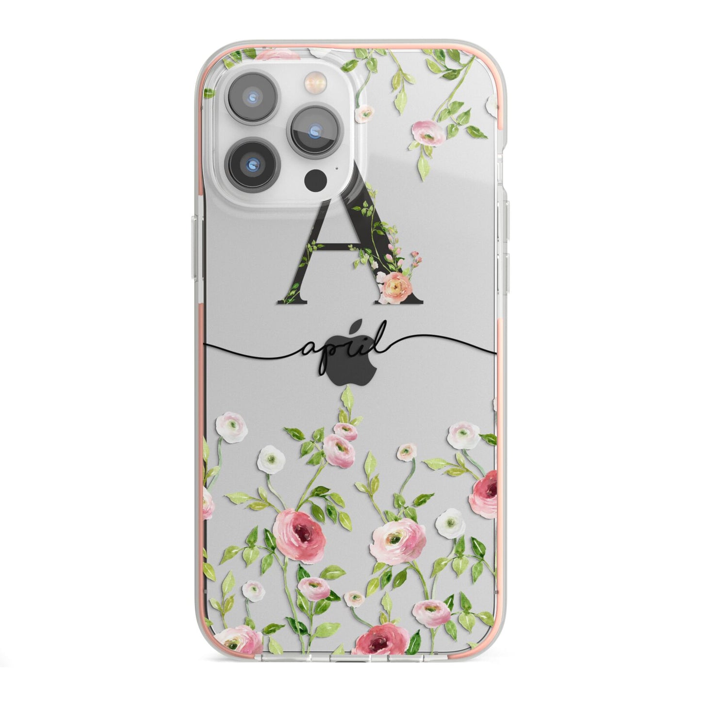 Personalised Floral Initial iPhone 13 Pro Max TPU Impact Case with Pink Edges
