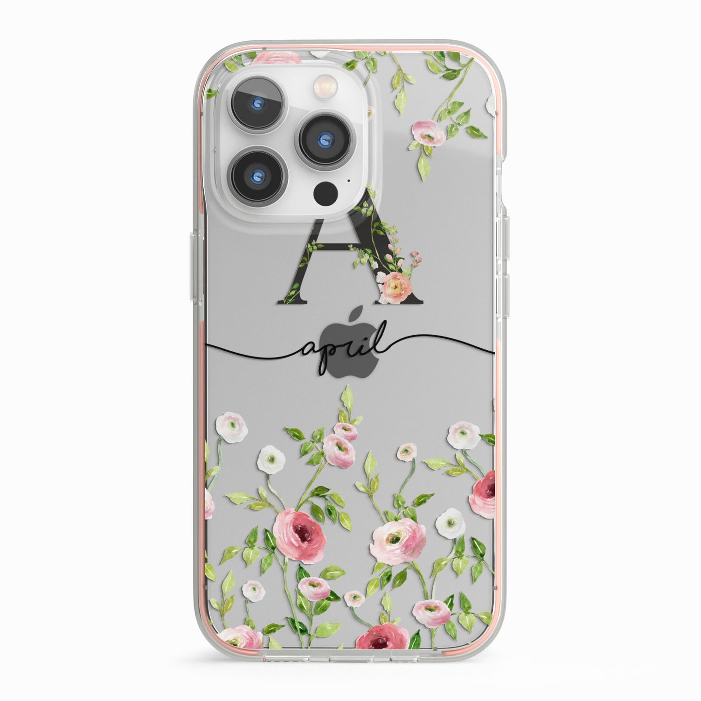Personalised Floral Initial iPhone 13 Pro TPU Impact Case with Pink Edges