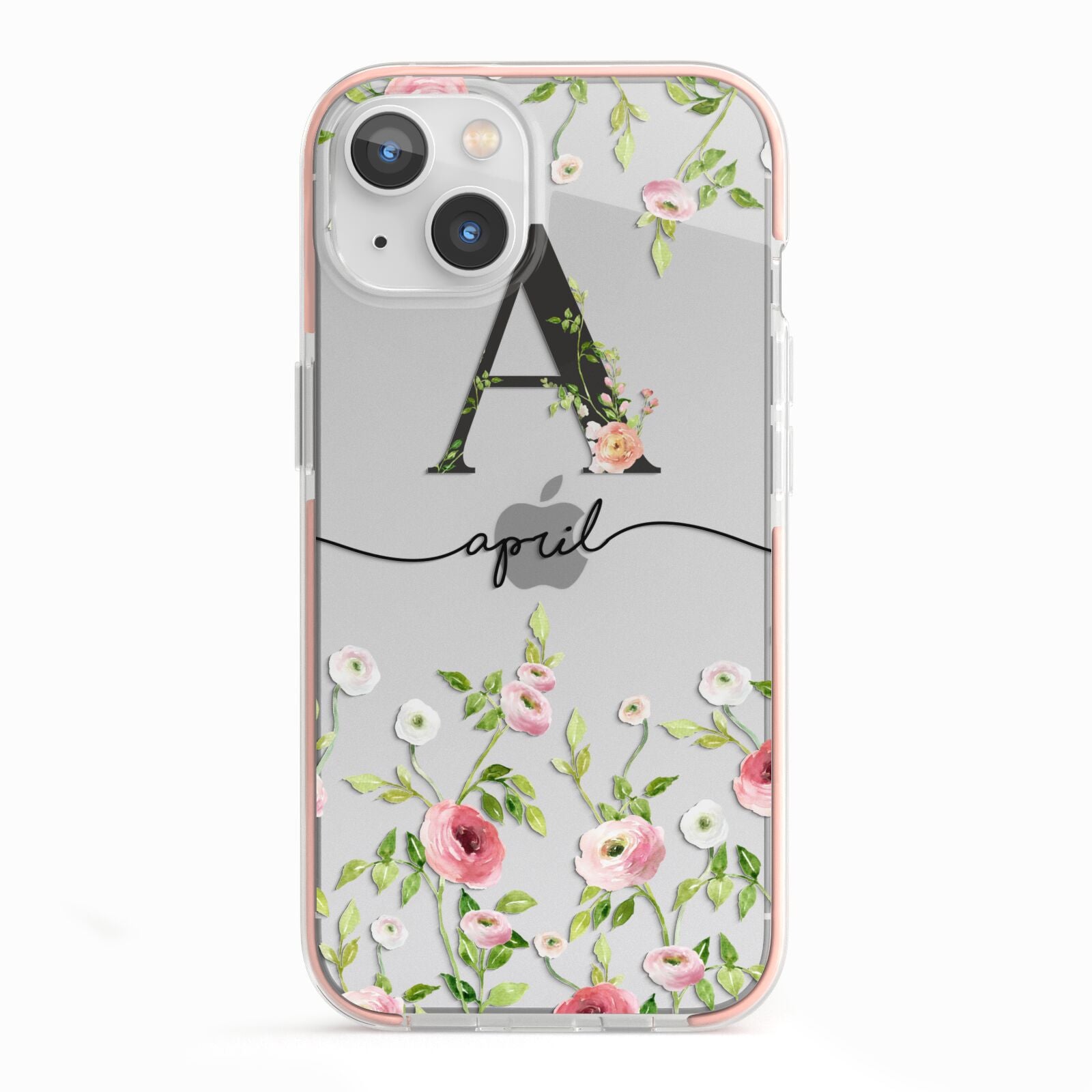 Personalised Floral Initial iPhone 13 TPU Impact Case with Pink Edges