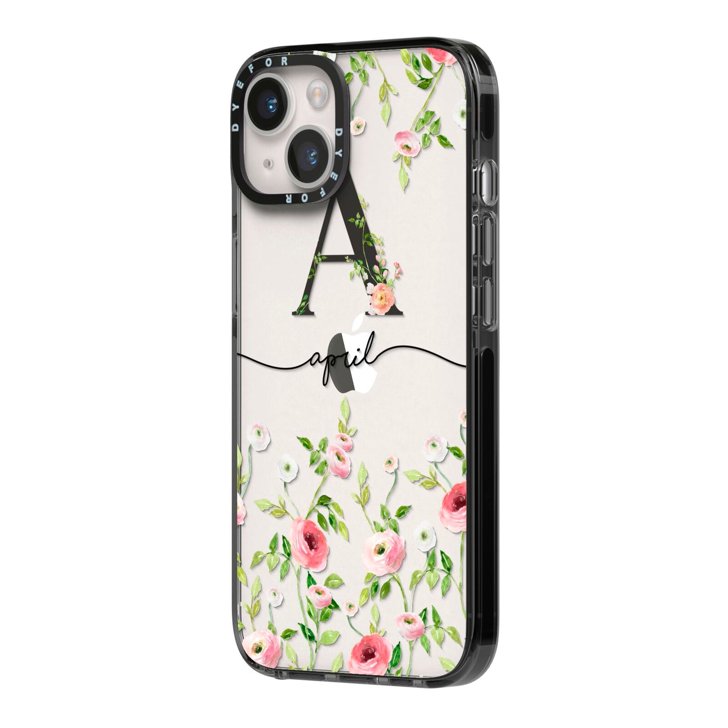 Personalised Floral Initial iPhone 14 Black Impact Case Side Angle on Silver phone